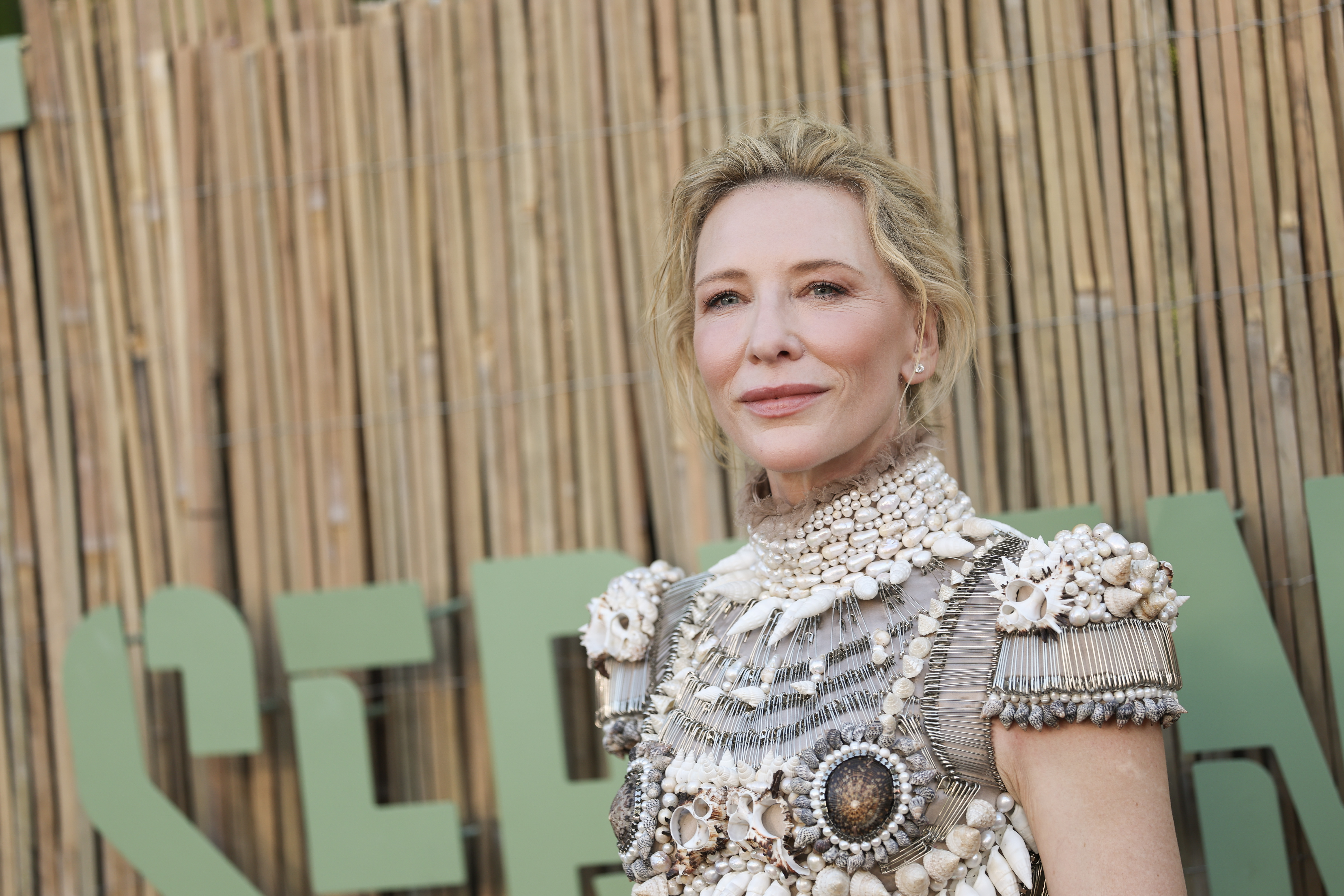 Blanchett’s hair was loosely pinned back, with a few strands left free around her face, revealing her earrings and the neckline of the dress.