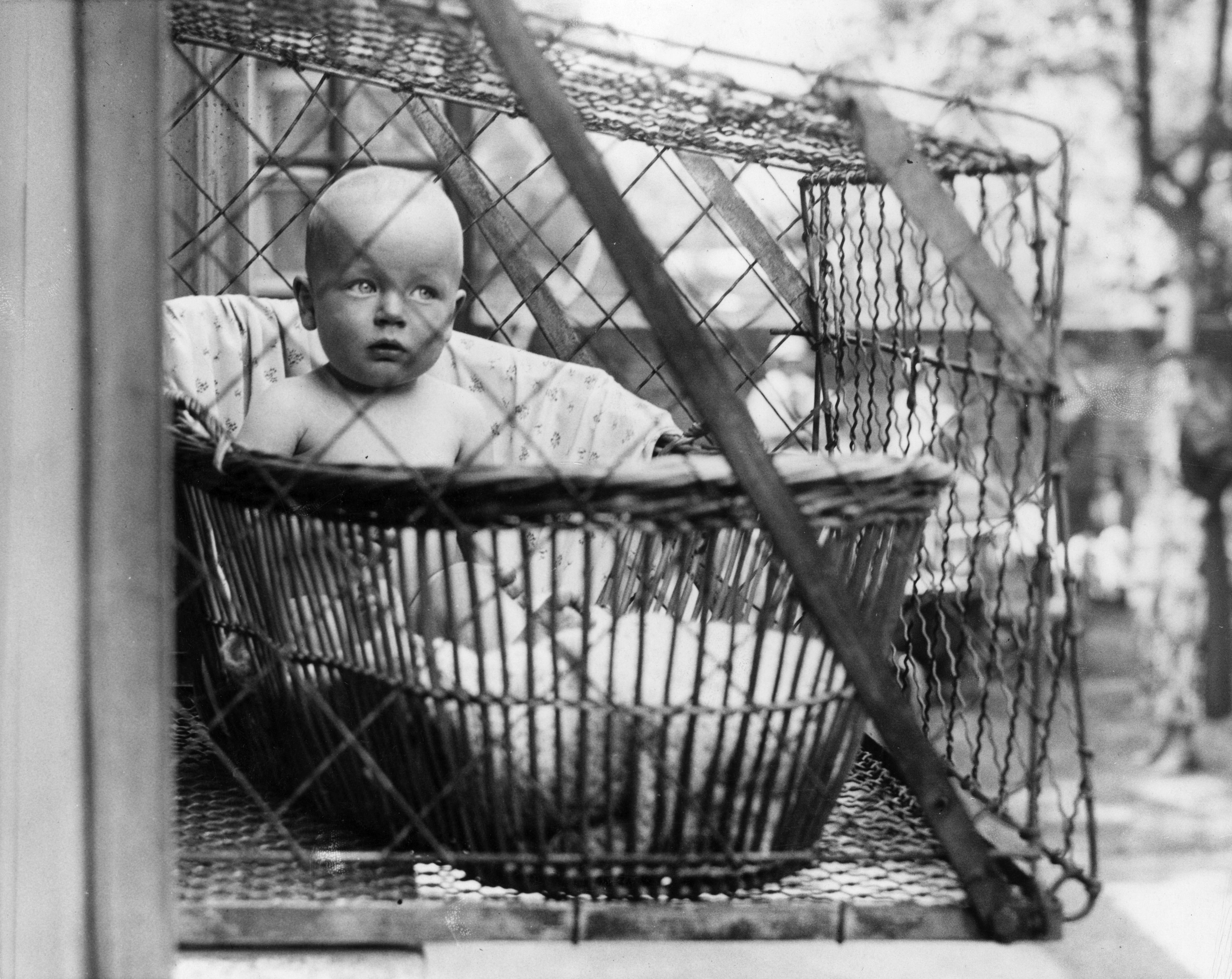 Baby sitting in a wire cage outside a window | Source: Getty Images