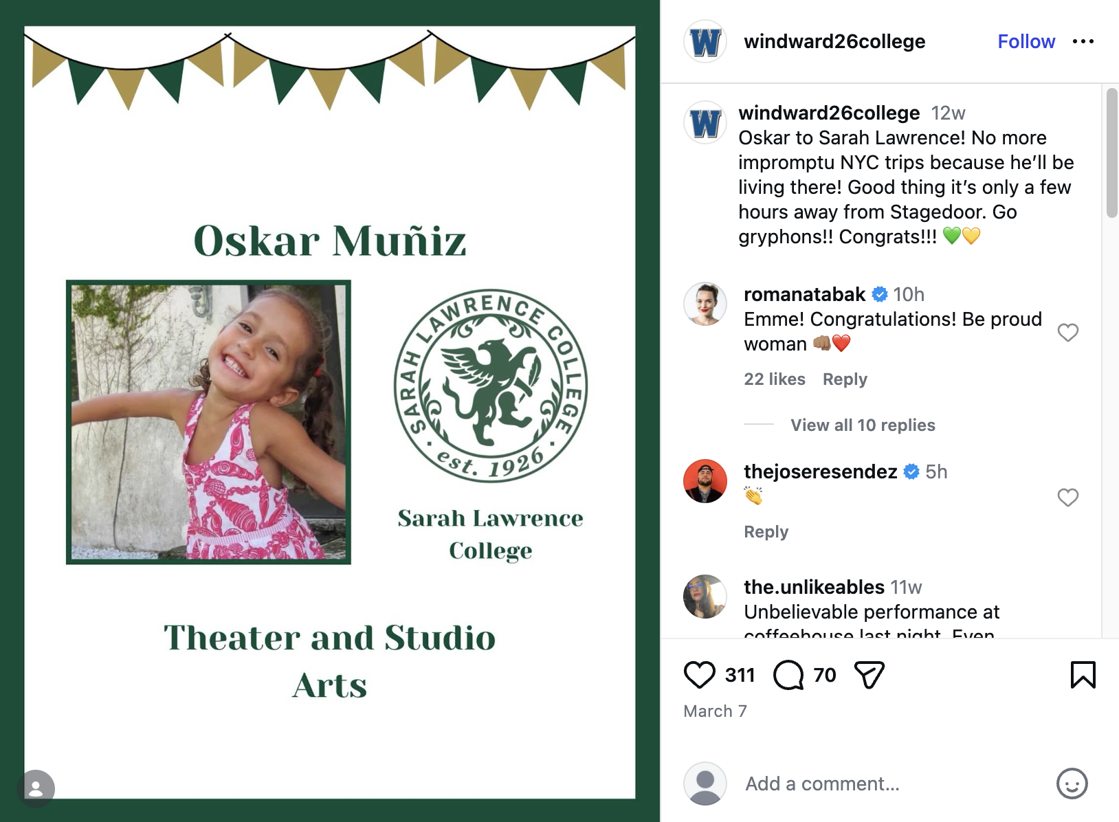 A since-deleted Windward26College post congratulated Oskar Muñiz on attending Sarah Lawrence College and studying Theater and Studio Arts. The announcement drew attention because it appeared to reference Jennifer Lopez's child. | Source: Instagram/windward26college