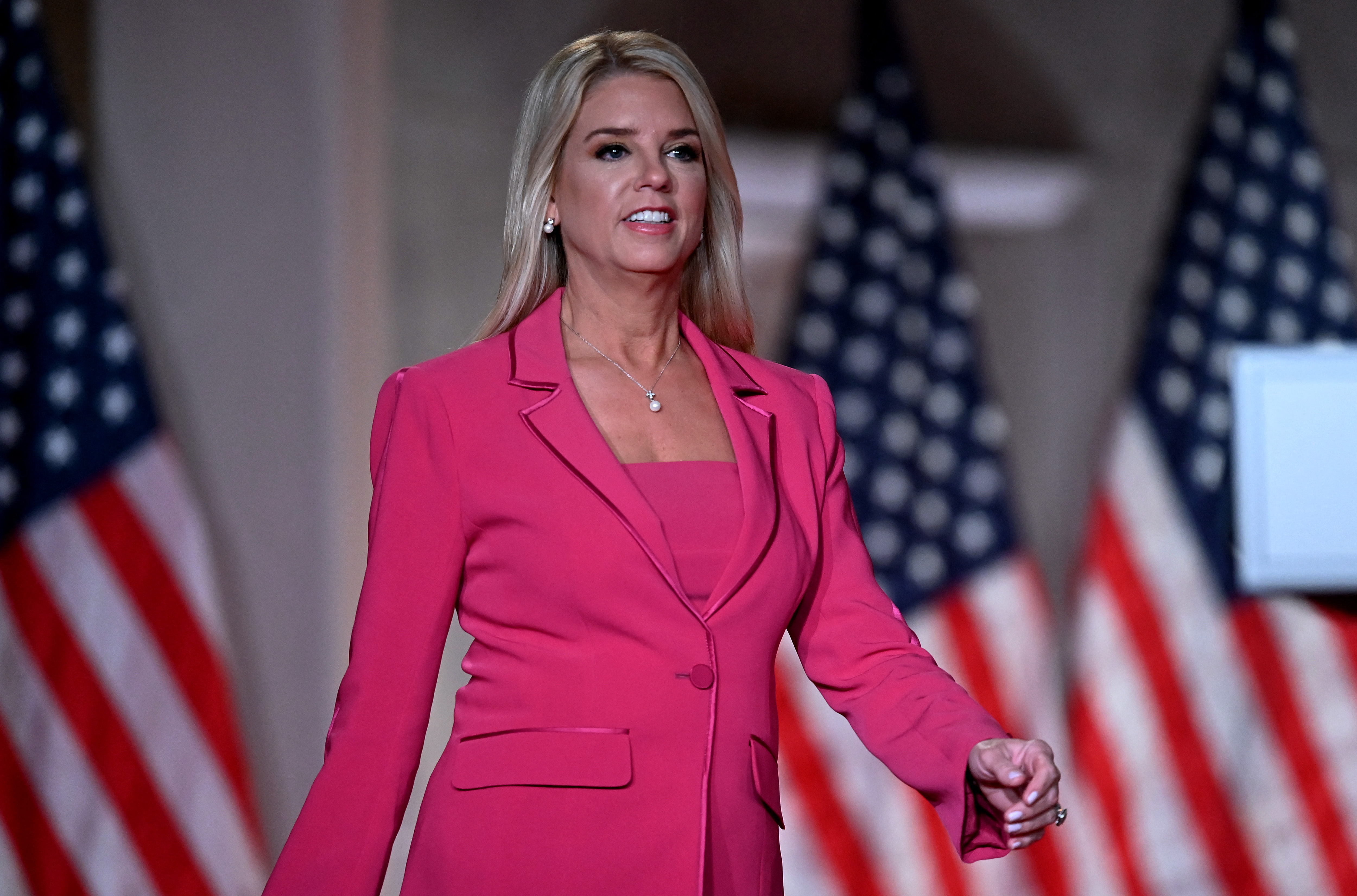 Pam Bondi arrives to speak during the Republican National Convention at the Mellon Auditorium in Washington, D.C., on August 25, 2020 | Source: Getty Images