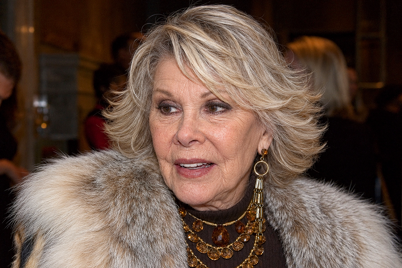 This AI rendering shows Joan with naturally aged facial features, including lines around her eyes and mouth, alongside layered blonde-gray hair and a fur-trimmed look. | Source: ChatGPT