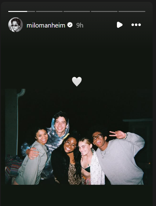 Milo Manheim shared a throwback group photo with Carla Jeffery and friends, capturing a relaxed moment away from the Zombies set as he remembered his late co-star. | Source: Instagram/milomanheim