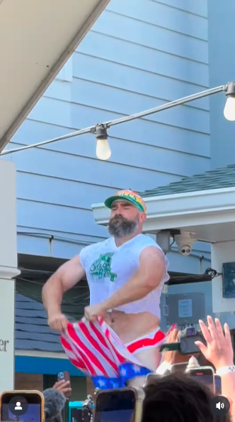 Jason Kelce ripping his shorts off, posted on June 25, 2025. | Source: Instagram/newheightshow