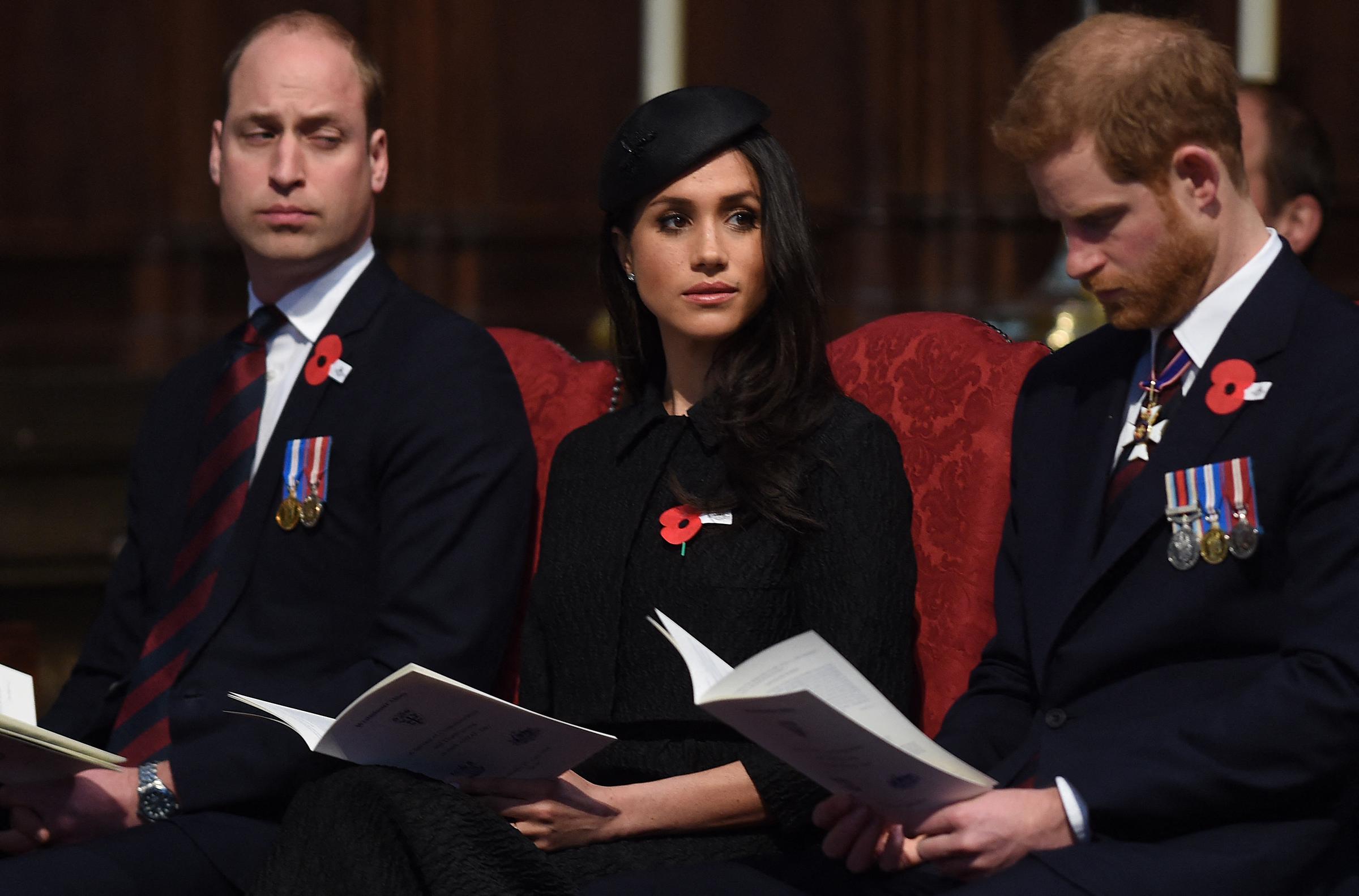 Prince William, Meghan Markle, and Prince Harry attended an Anzac Day service at Westminster Abbey in April 2018. Today, William reportedly leaves Charles to decide his own relationship with Harry while keeping his distance from his brother. | Source: Getty Images