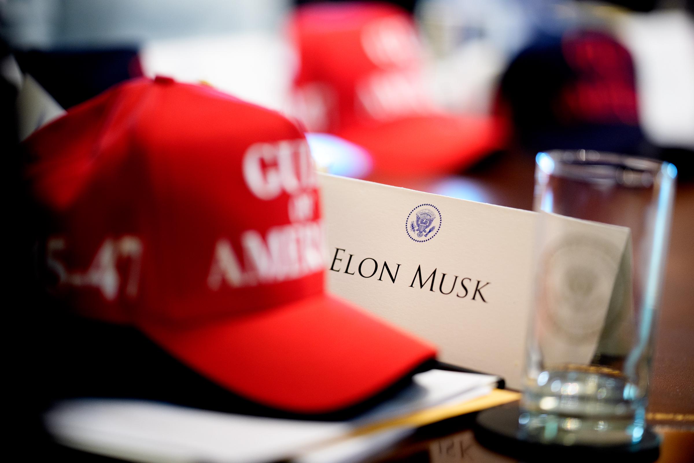 A name tag for White House Senior Advisor Elon Musk is visible during a cabinet meeting | Source: Getty Images