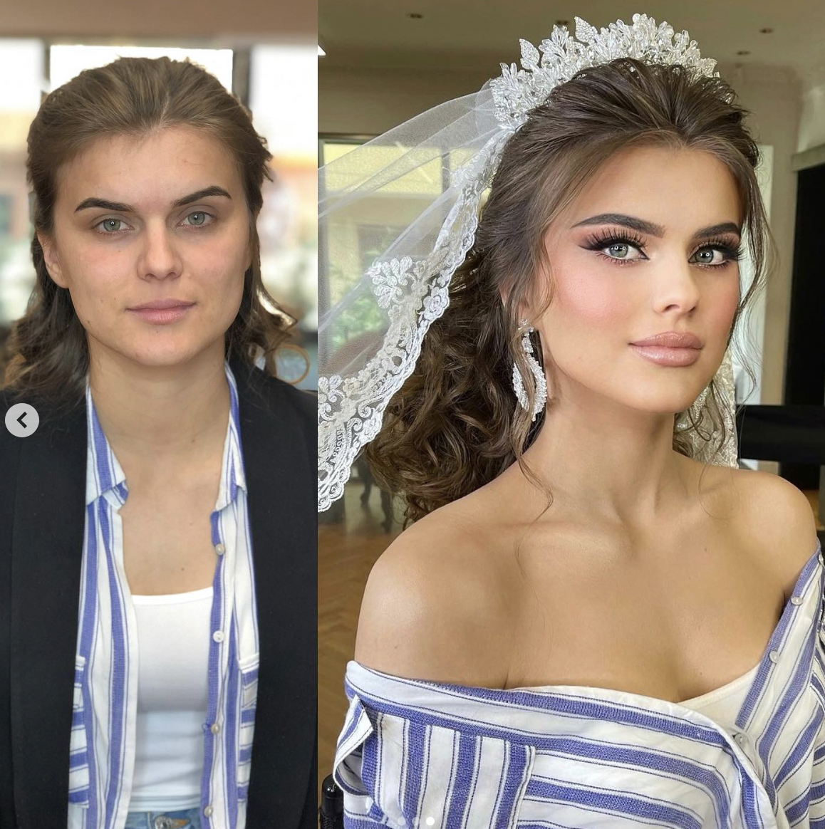 Side-by-side images showing the bride before and after getting her makeup glam | Source: Instagram/arber_bytyqi_mua