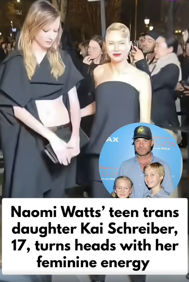 Kai Schreiber and Naomi Watts move through a crowd of flashing cameras during Paris Fashion Week. Onlookers gather along the street as the mother-daughter duo make their way inside. | Source: Facebook/IWMBuzz