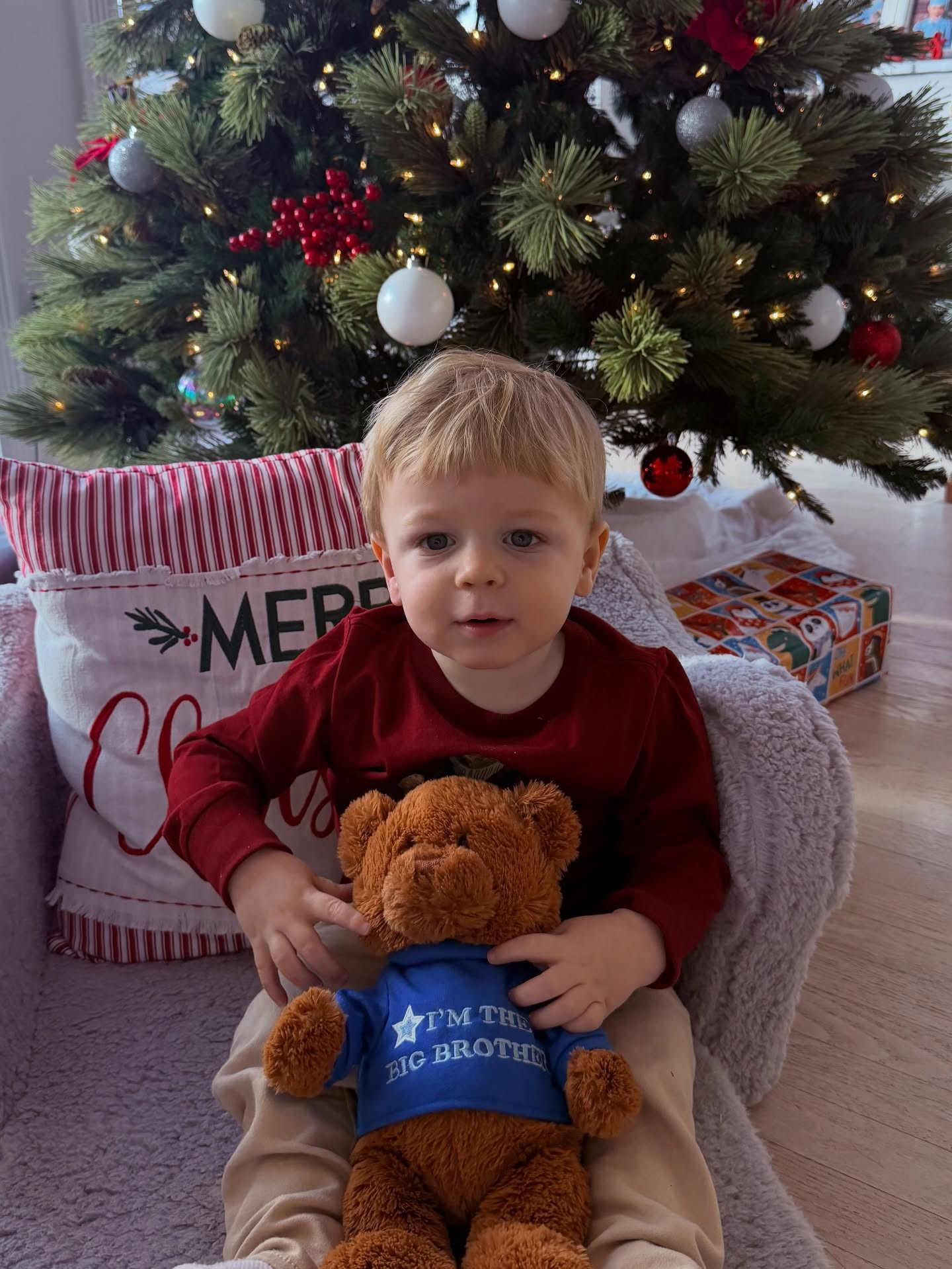 Niko's teddy bear delivered the message this time: "I'M A BIG BROTHER." With wrapped presents and holiday pillows in the background, the image is one of the warmest glimpses inside the family's Washington Christmas. | Source: Instagram/karolineleavitt
