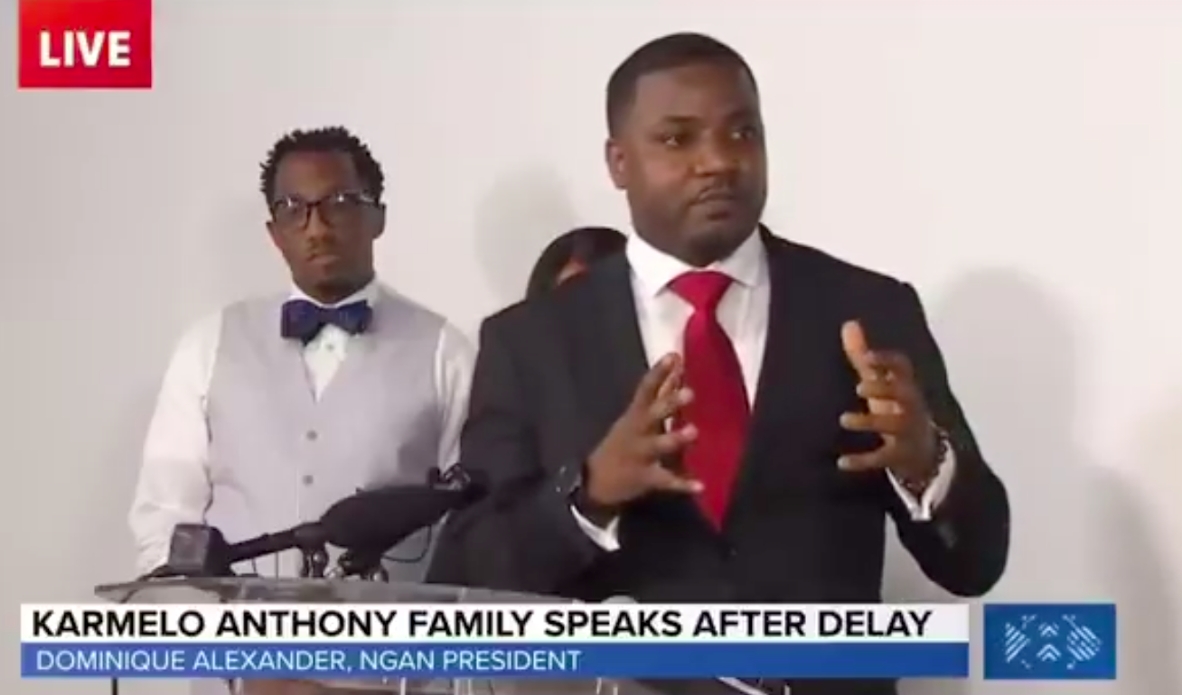 Dominique Alexander speaking about Jeff Metcalf's appearance at the press conference, with Karmelo Anthony's dad standing behind him, posted on April 17, 2025. | Source: X/@charliekirk11