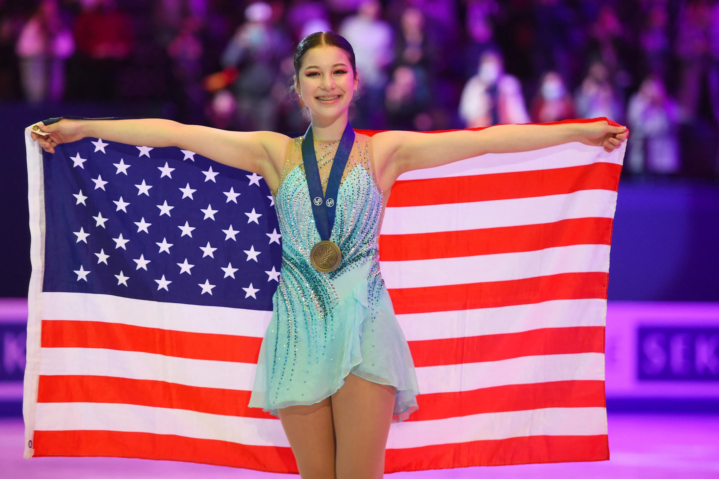 Alysa Liu celebrates on March 25, 2022 in Montpellier, France | Source: Getty Images