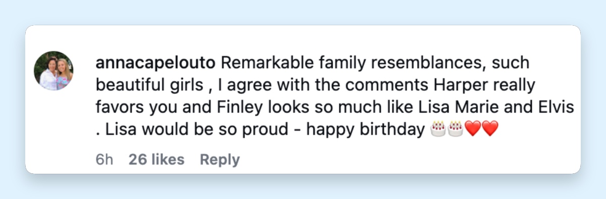 A fan compared Harper to Priscilla and Finley to Lisa Marie and Elvis, adding that their late mother would have been proud. | Source: Instagram