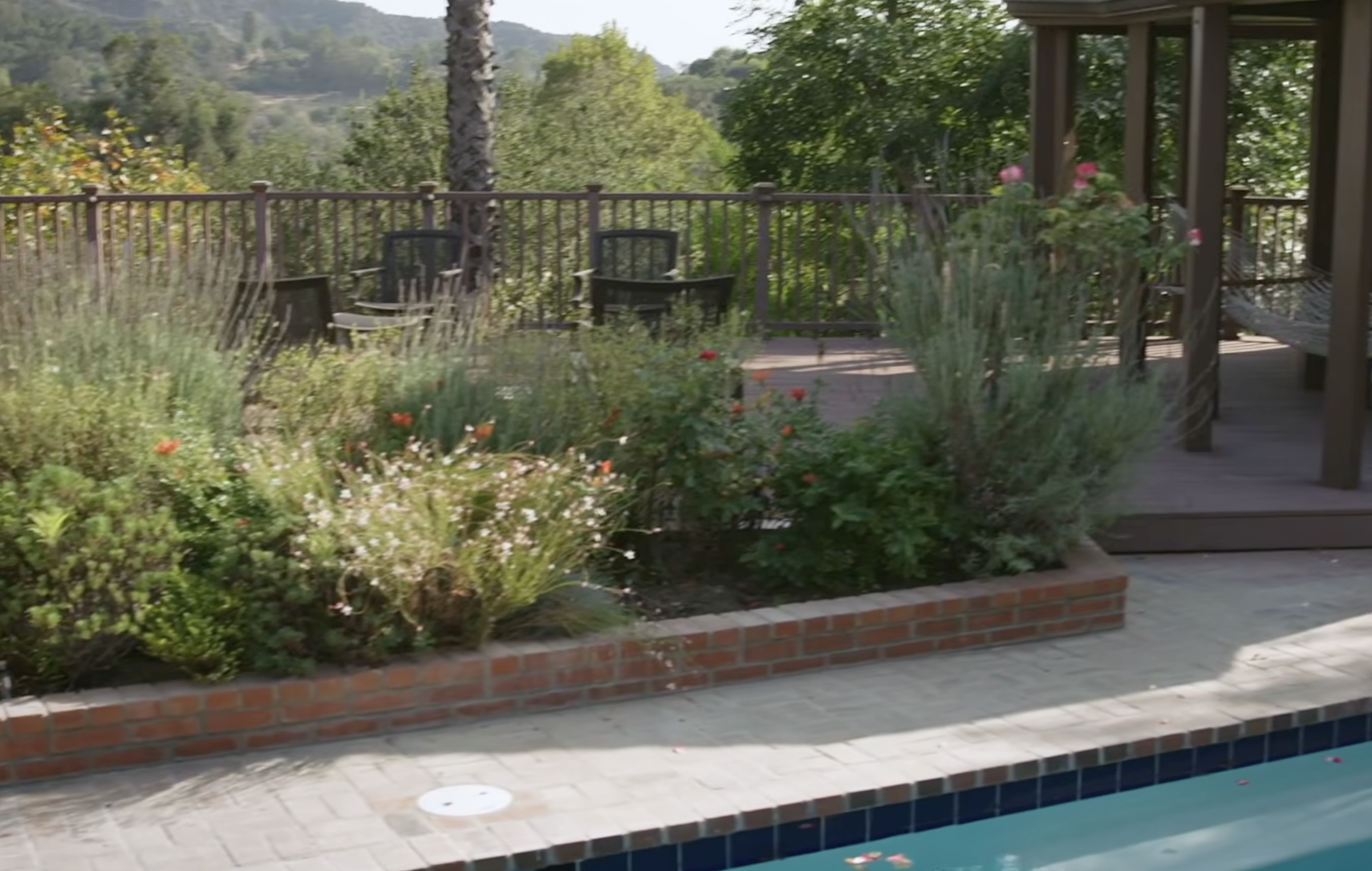 A landscaped poolside garden features ornamental grasses, flowering plants, and leafy shrubs bordered by a low red-brick retaining wall. Beyond the turquoise swimming pool, a wooden deck with outdoor seating and a covered structure with a hammock overlooks the surrounding greenery. | Source: YouTube/People