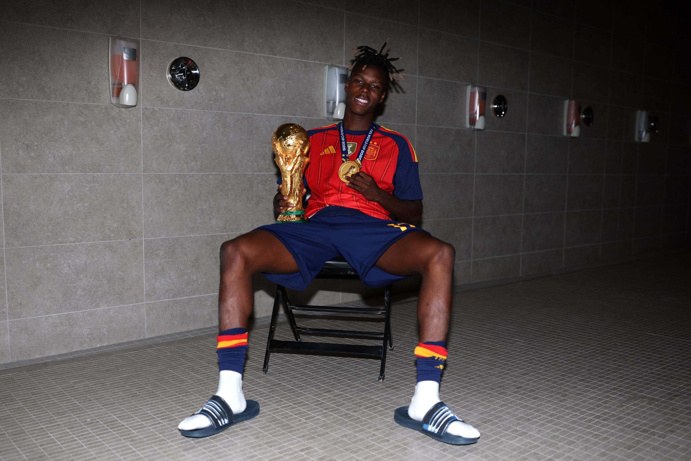 Nico Williams poses for a portrait with the FIFA World Cup Winner's Trophy after the FIFA World Cup 2026 final between Spain and Argentina at New York New Jersey Stadium on July 19 in East Rutherford, New Jersey. | Source: Getty Images