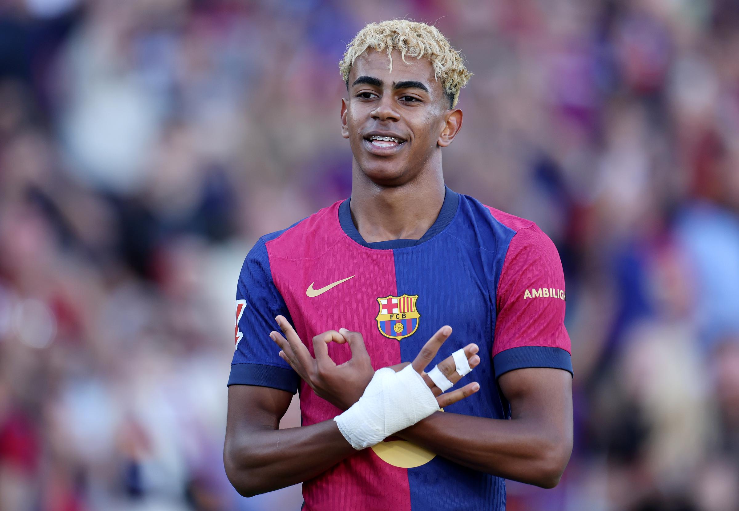 Lamine Yamal celebrates scoring during the La Liga EA Sports match between FC Barcelona and Villarreal CF at Estadi Olímpic Lluís Companys on May 18, 2025, in Barcelona, Spain. | Source: Getty Images