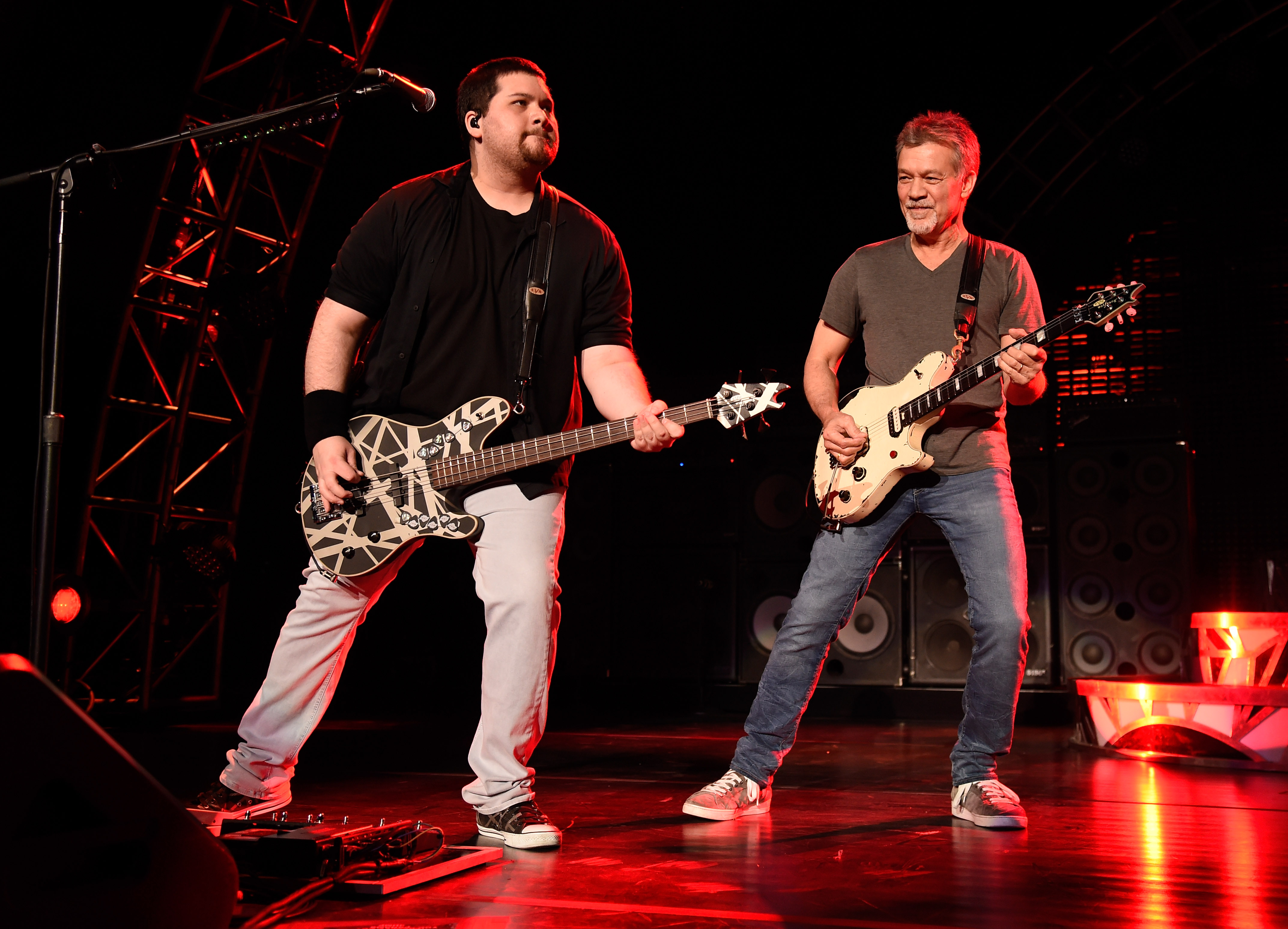 Wolfgang Van Halen performs alongside his late father, Eddie Van Halen, during a Van Halen concert — a connection many fans recalled as they pointed to the striking family resemblance in Valerie Bertinelli's recent Instagram photo. | Source: Getty Images