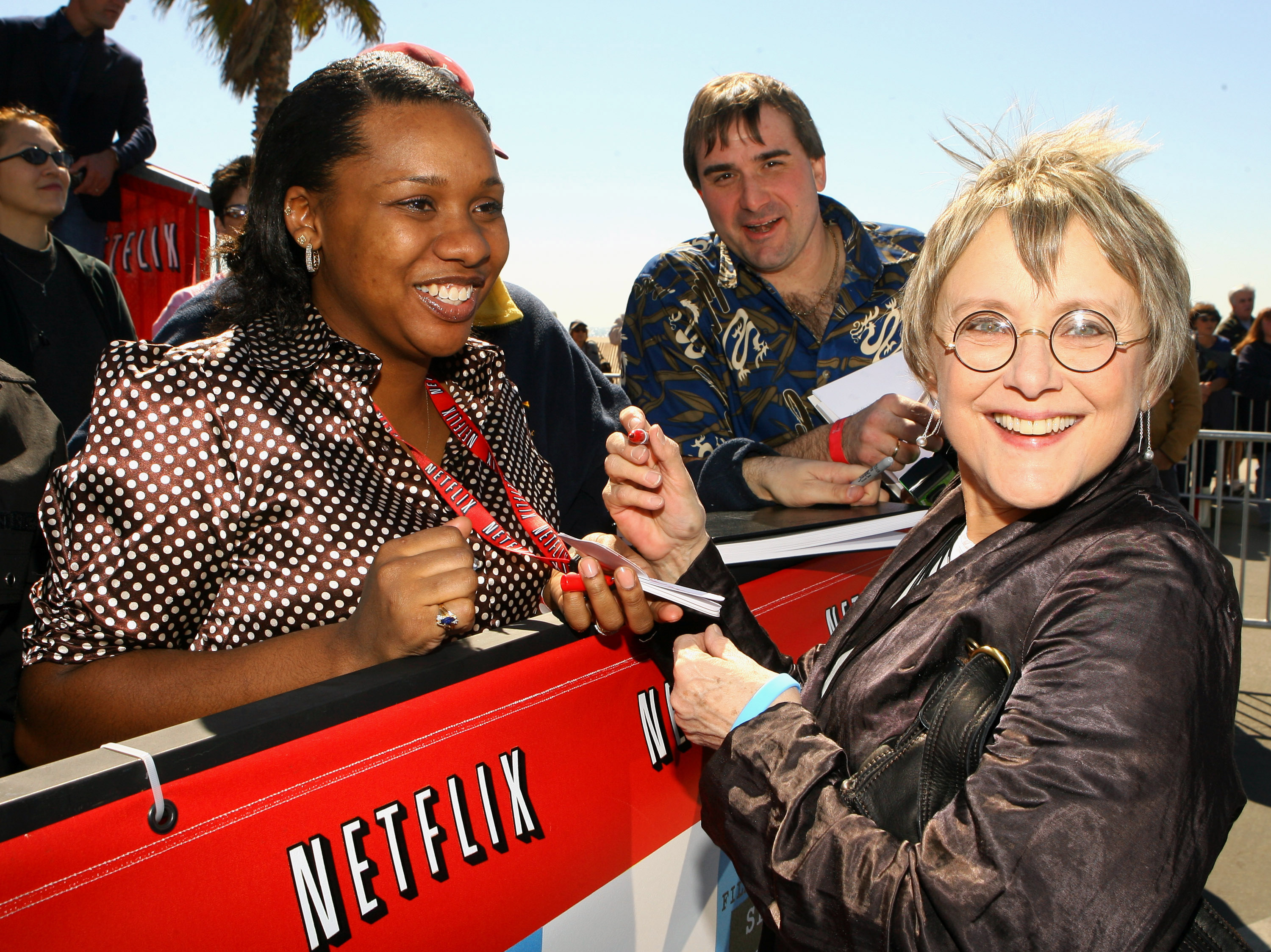 Mary Beth Hurt smiles while greeting fans at the 2007 Film Independent Spirit Awards in Santa Monica. In a shiny dark jacket and round glasses, Hurt appeared cheerful and engaged at the event.