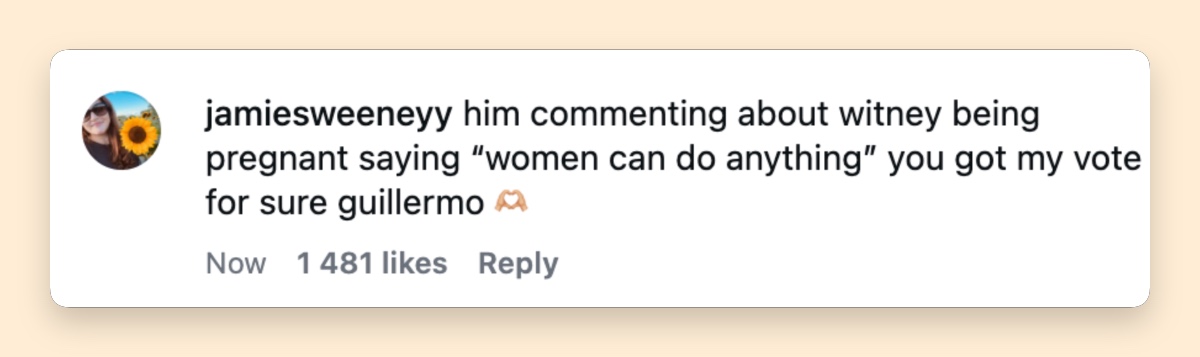 For at least some viewers, Guillermo’s words translated directly into support. The comment about Witney did not just make people smile — it had fans openly saying they were ready to vote for him. | Source: Instagram