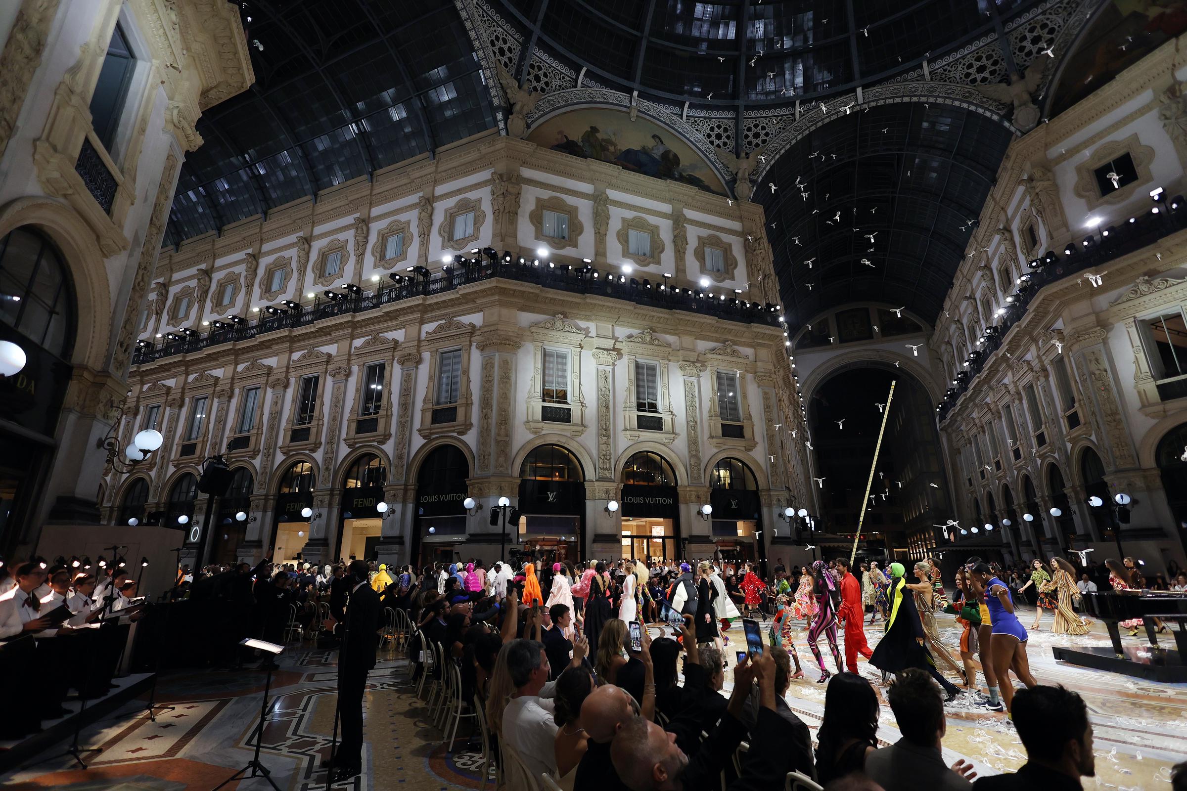 The runway fills the Galleria Vittorio Emanuele II during Vogue World: Milano 2026 on September 22, 2026, as the landmark shopping arcade becomes the setting for the fashion spectacle. | Source: Getty Images
