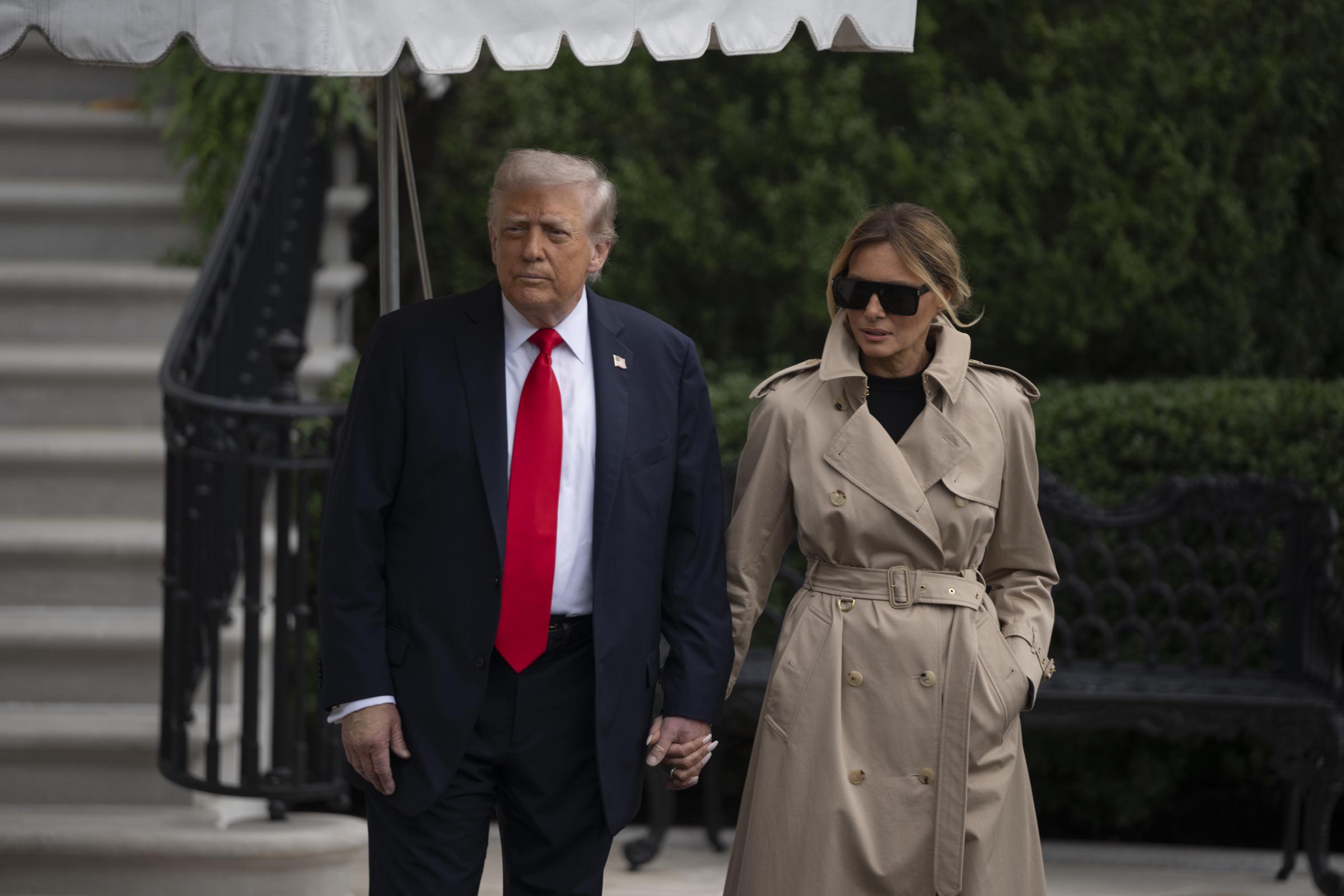 Donald Trump and Melania Trump walk to Marine One as they depart the White House for London, United Kingdom, on September 16, 2025, in Washington, D.C. | Source: Getty Images