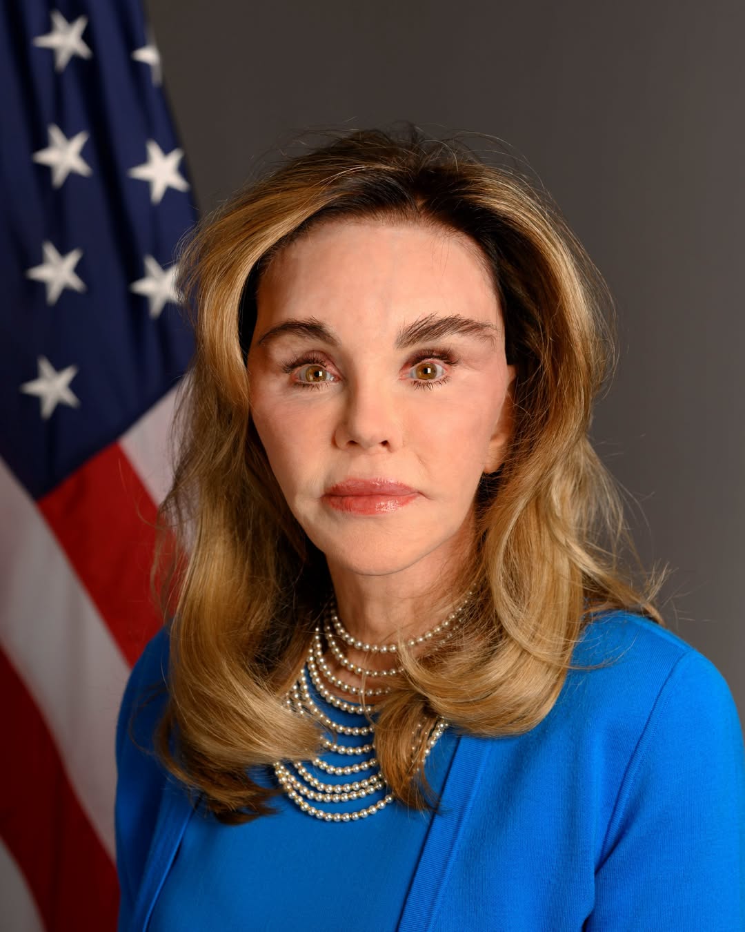 Barbera Thornhill's official portrait, featuring a blue outfit and layered pearl necklaces, became the center of an unexpected online debate following her new diplomatic appointment. | Source: U.S. State Department.