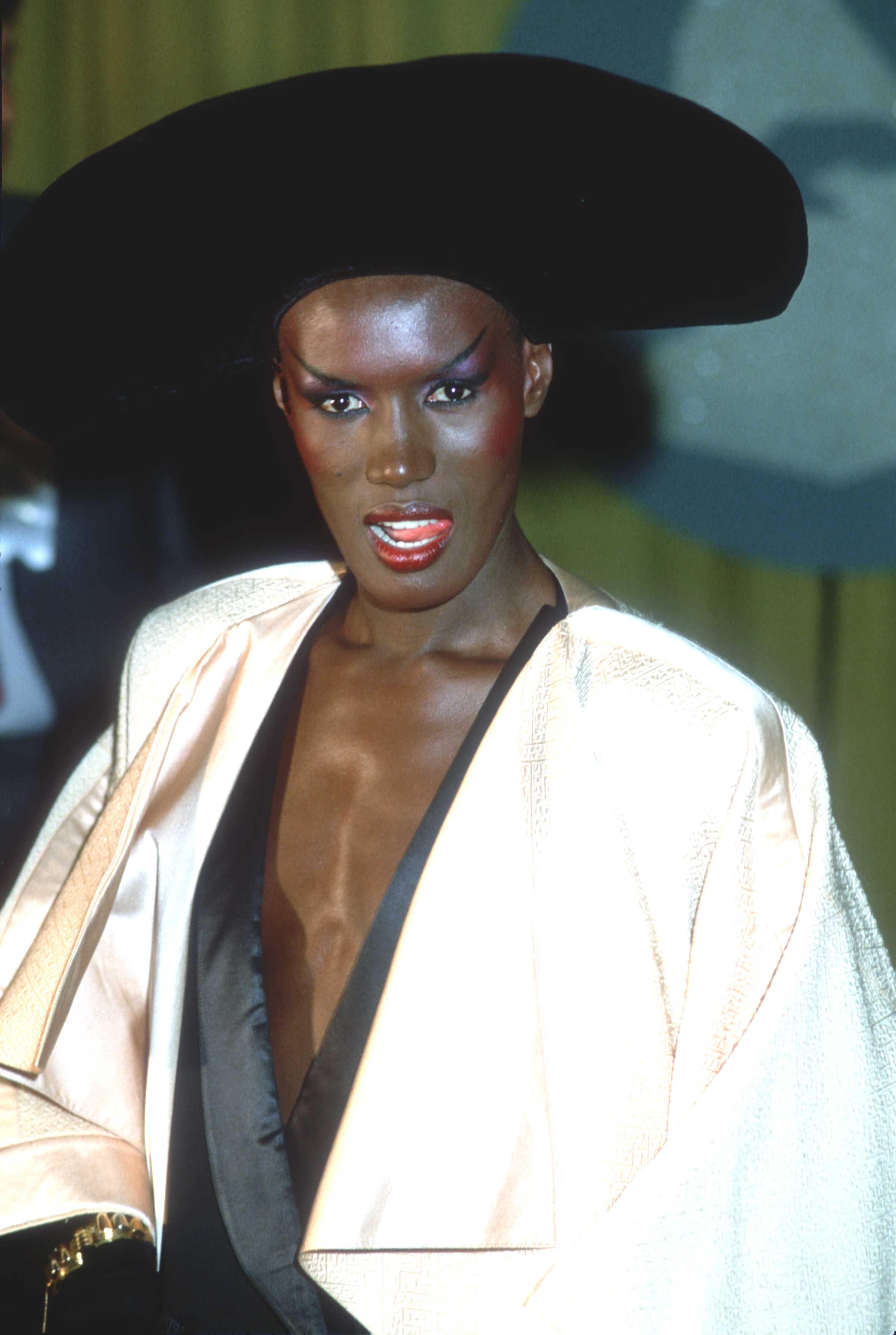 A nostalgic photo of Grace Jones posing at an event. | Source: Getty Images