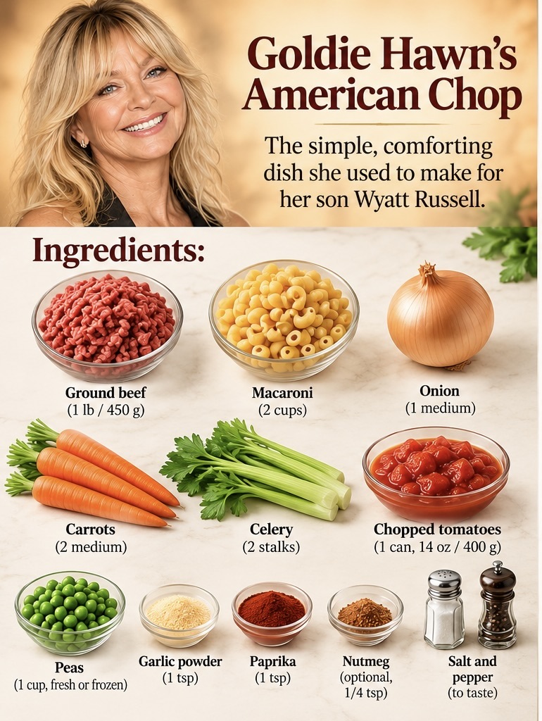 Goldie Hawn's family favorite calls for everyday ingredients, including ground beef, macaroni, tomatoes, and vegetables. Garlic powder, paprika, and a pinch of nutmeg add flavor without requiring a complicated sauce. | Source: AI-generated illustration.