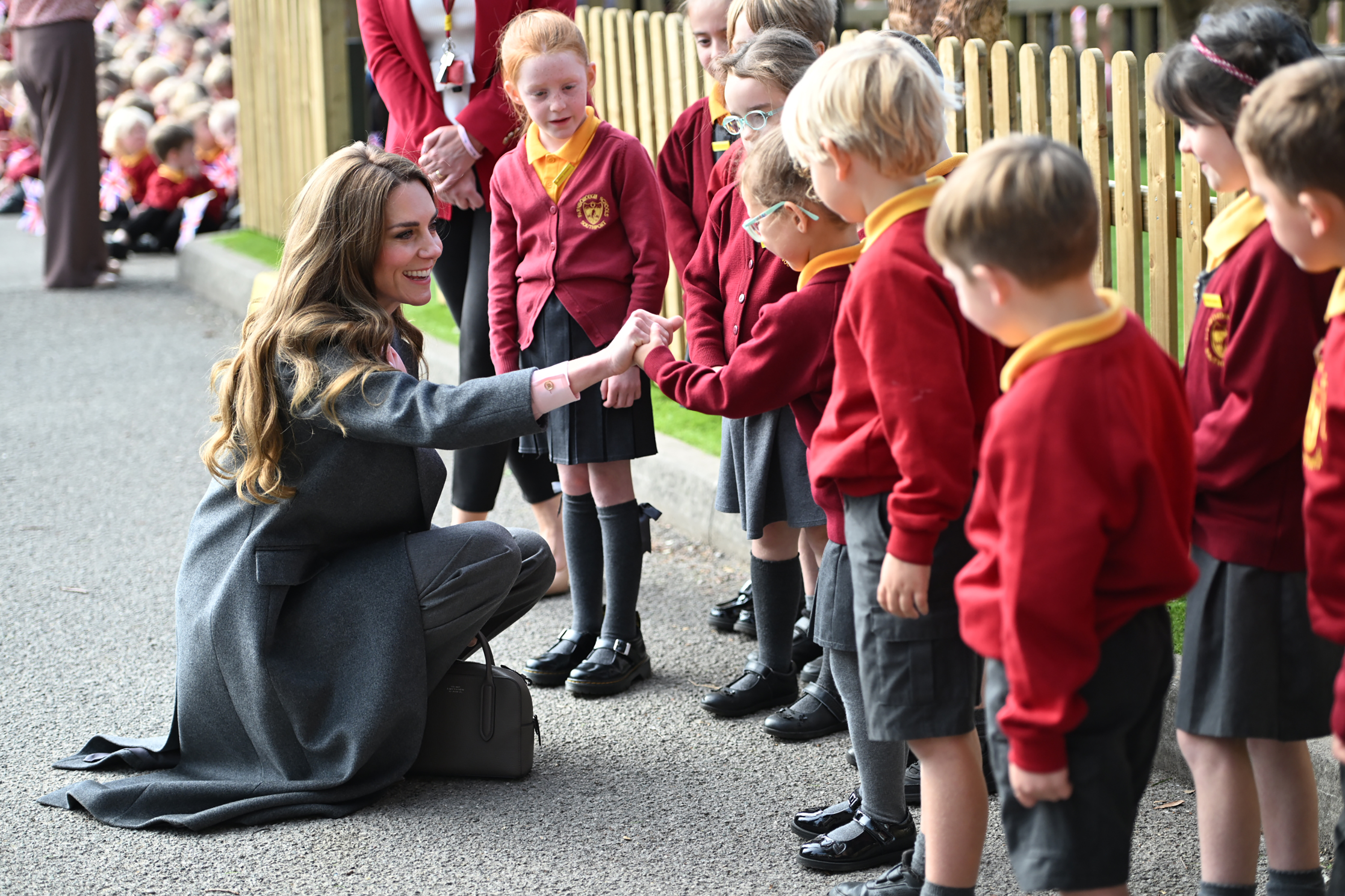 Catherine, Princess of Wales, meets school children during a visit to Farnborough Road Infant and Junior School on September 23, 2025 | Source: Getty Images