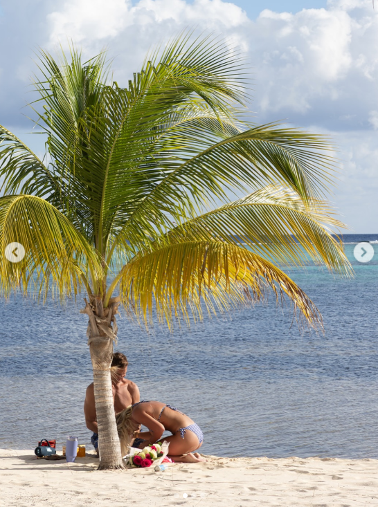 Chrisley and Galanis share a quiet moment beneath a palm tree on a sandy beach, with a bouquet of flowers beside them and the ocean in the background. | Source: Instagram/ngdiamondgirl