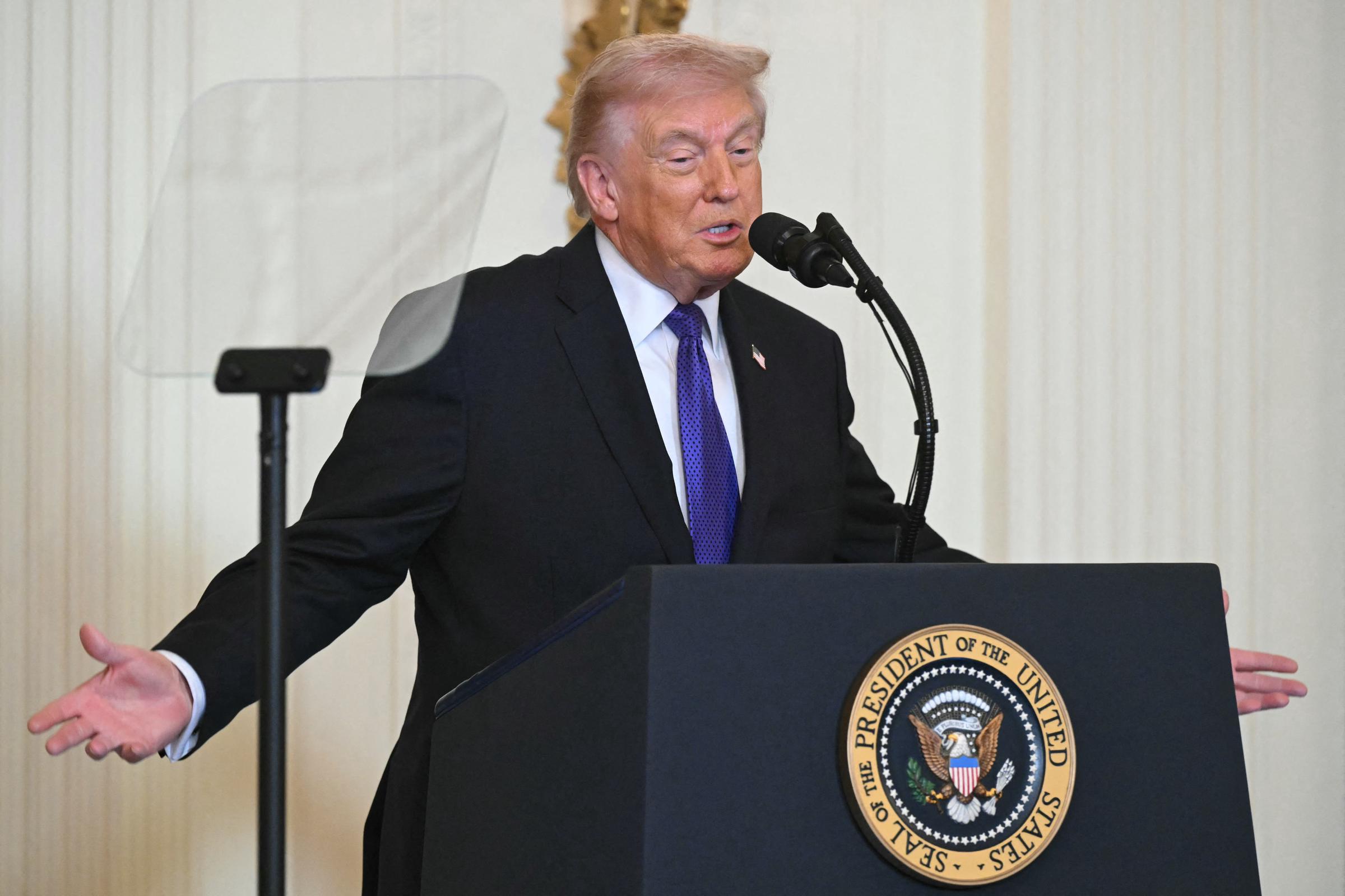 Donald Trump speaks during a Medal of Honor Ceremony in the East Room of the White House on March 2, 2026, in Washington, DC | Source: Getty Images