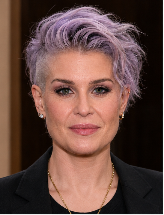 Digital artwork depicting Kelly Osbourne with a pastel-lilac undercut hairstyle and tailored monochrome attire. | Source: ChatGPT