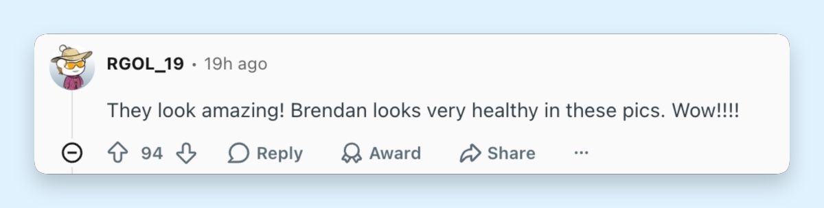 A fan celebrates Brendan Fraser's latest appearance and praises how healthy he looks. | Source: Reddit/ r/popculture