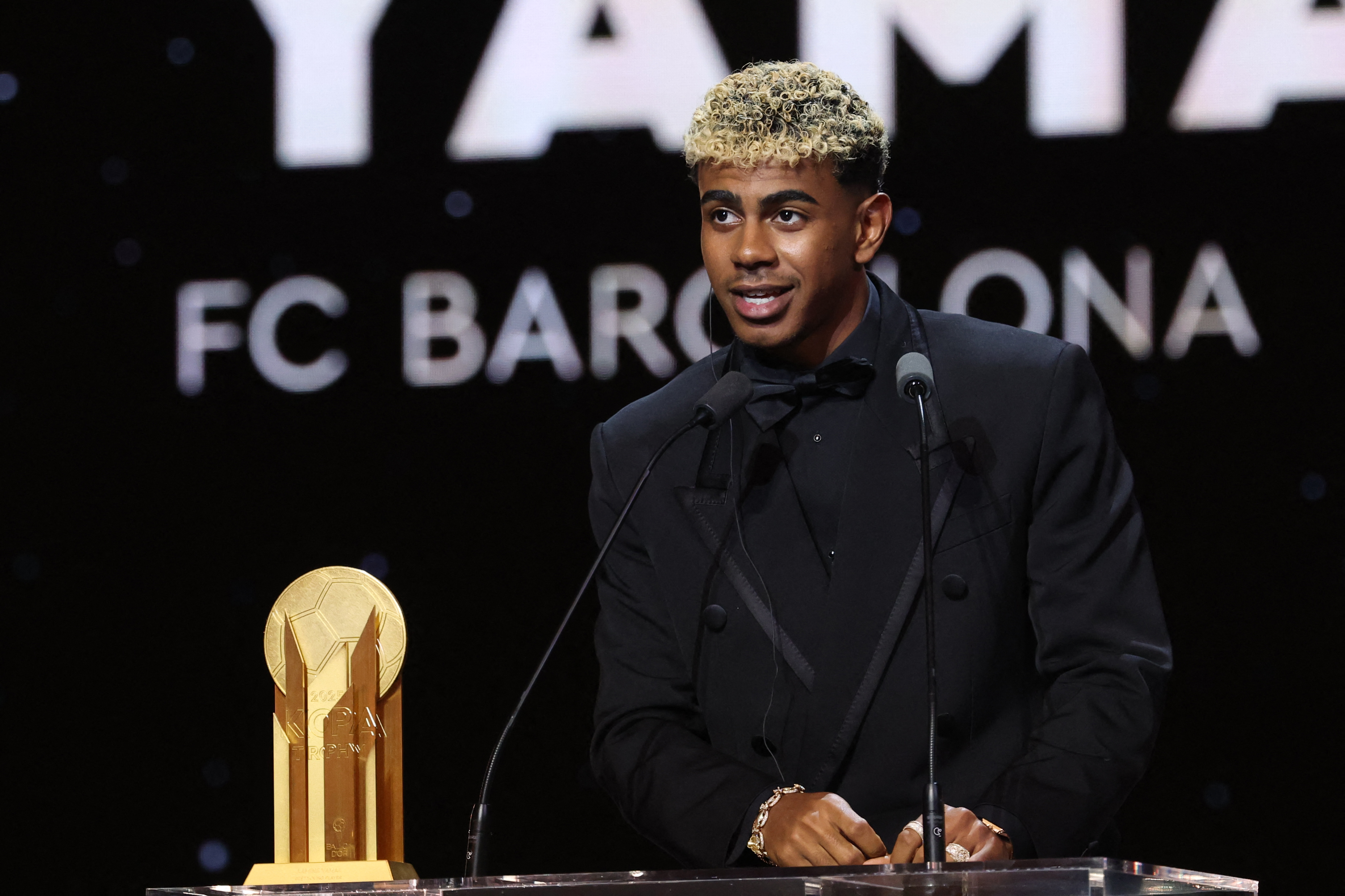 Lamine Yamal speaks after receiving the Kopa Trophy during the 2025 Ballon d'Or Ceremony at Théâtre du Châtelet on September 22 in Paris, France. | Source: Getty Images