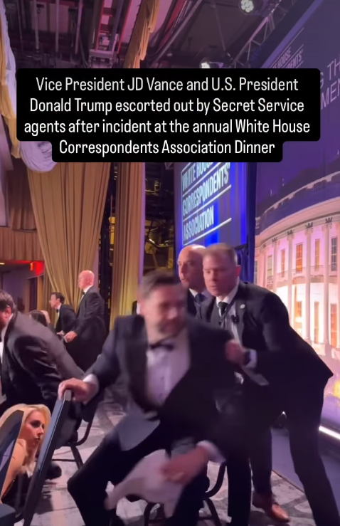 JD Vance is quickly pulled from his seat by United States Secret Service agents, who move in with urgency as the evacuation begins inside the White House Correspondents’ Dinner. | Source: Instagram/hellomag