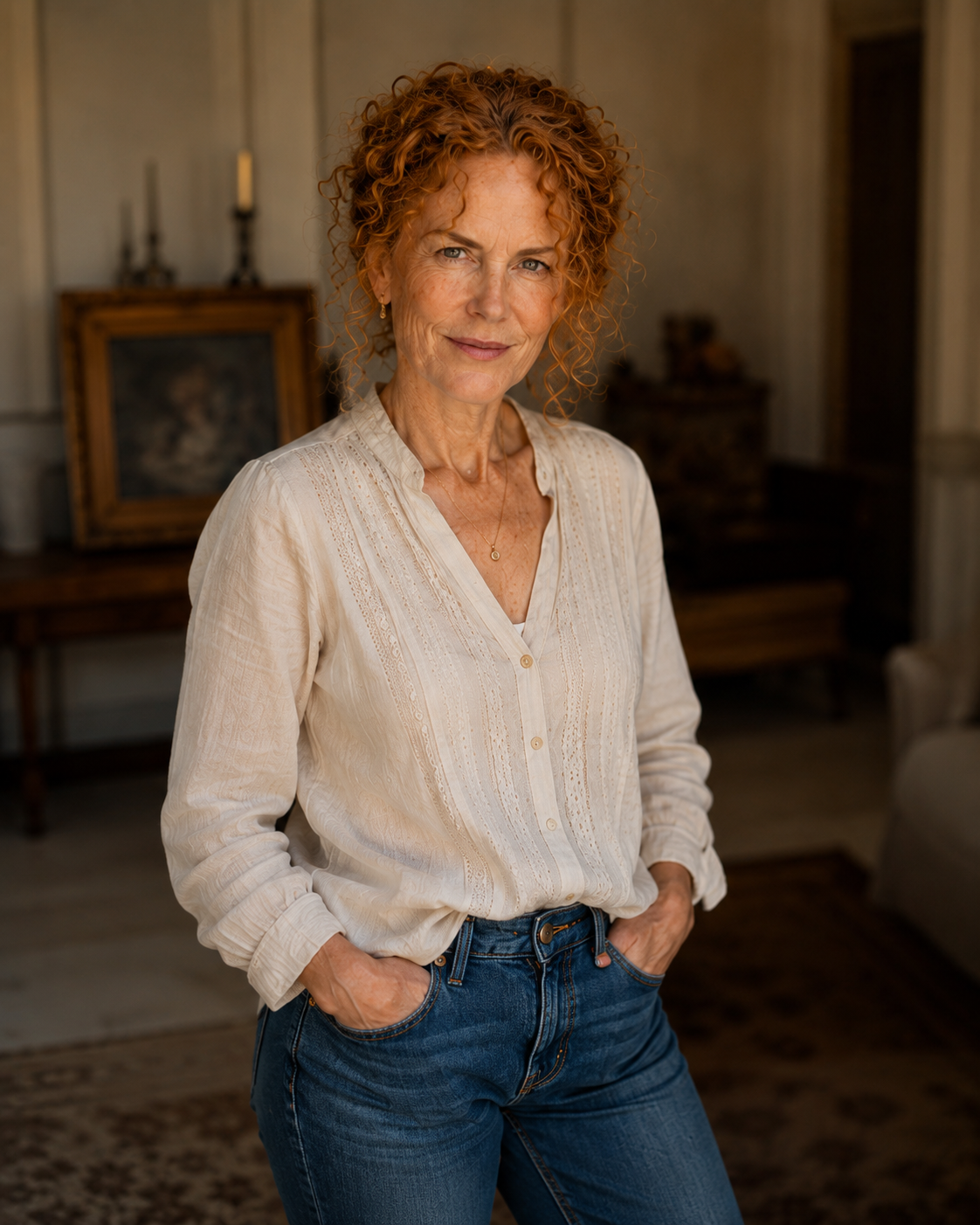 This direct, steady gaze offers a bold look at the natural volume loss in the cheeks and under the eyes that would define her mature features. The complexion is a map of realistic texture and authentic expression lines, especially in the brow and around the eyes, cementing a powerful image of what an unaltered mature Kidman would embody. | Source: Midjourney
