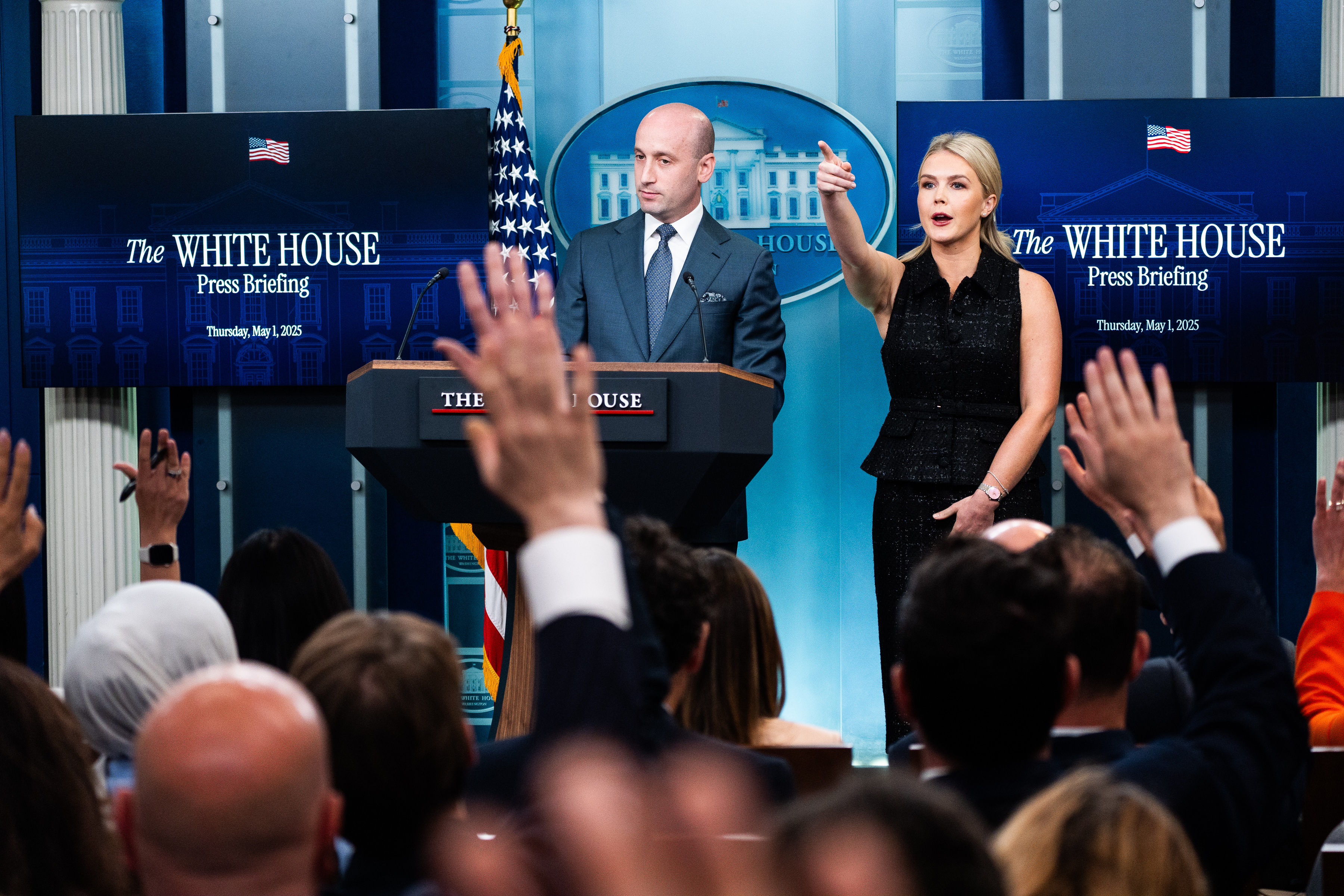 Stephen Miller and Karoline Leavitt at the James S. Brady Press Briefing Room | Source: Getty Images