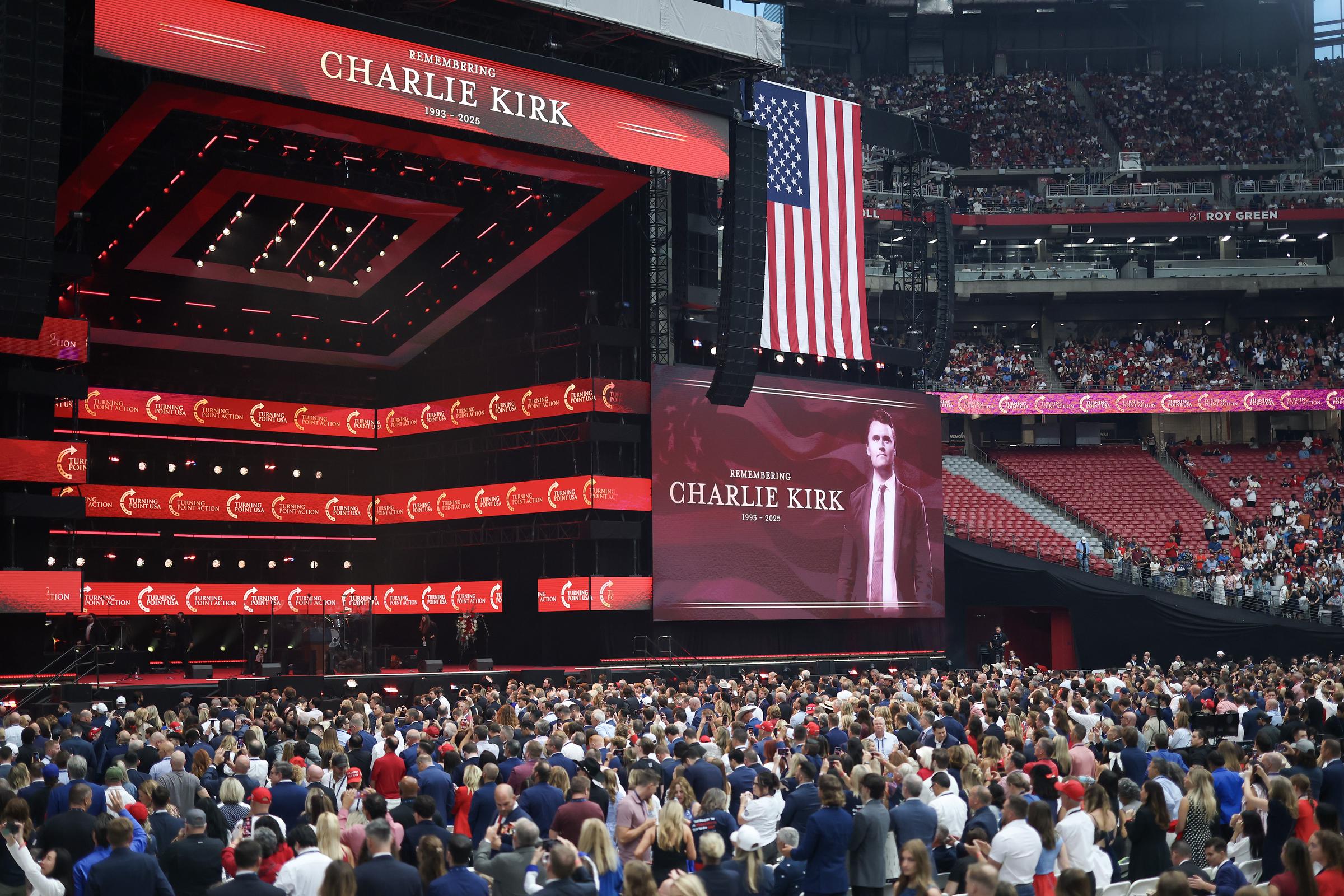 A view of the crowd and stage at Charlie Kirk's memorial service in Glendale, Arizona on September 21, 2025. | Source: Getty Images