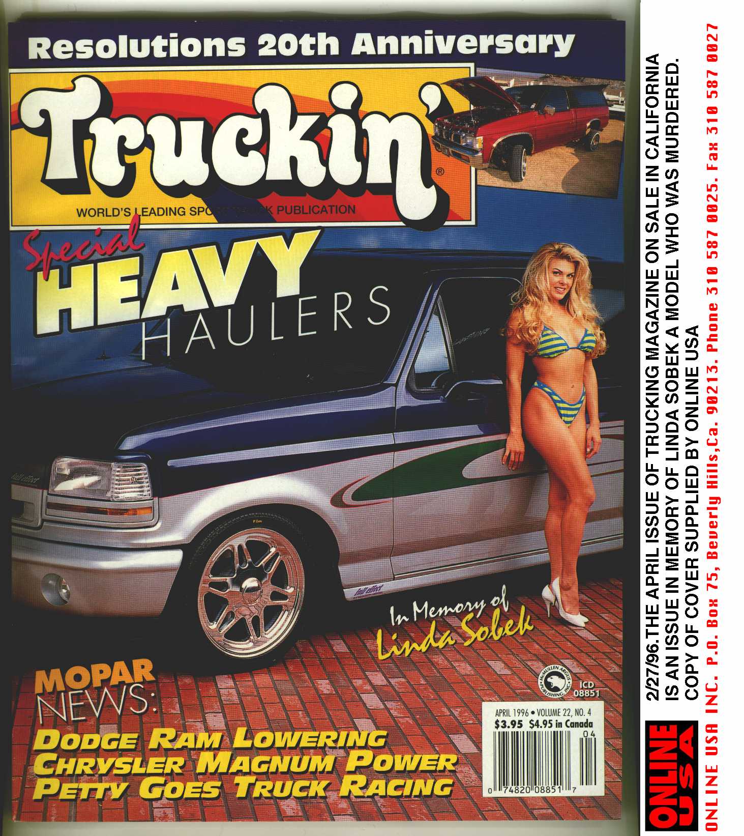 The April issue of "Trucking" magazine dedicated to the memory of murdered California model Linda Sobek, posted February 27, 1996. | Source: Getty Images