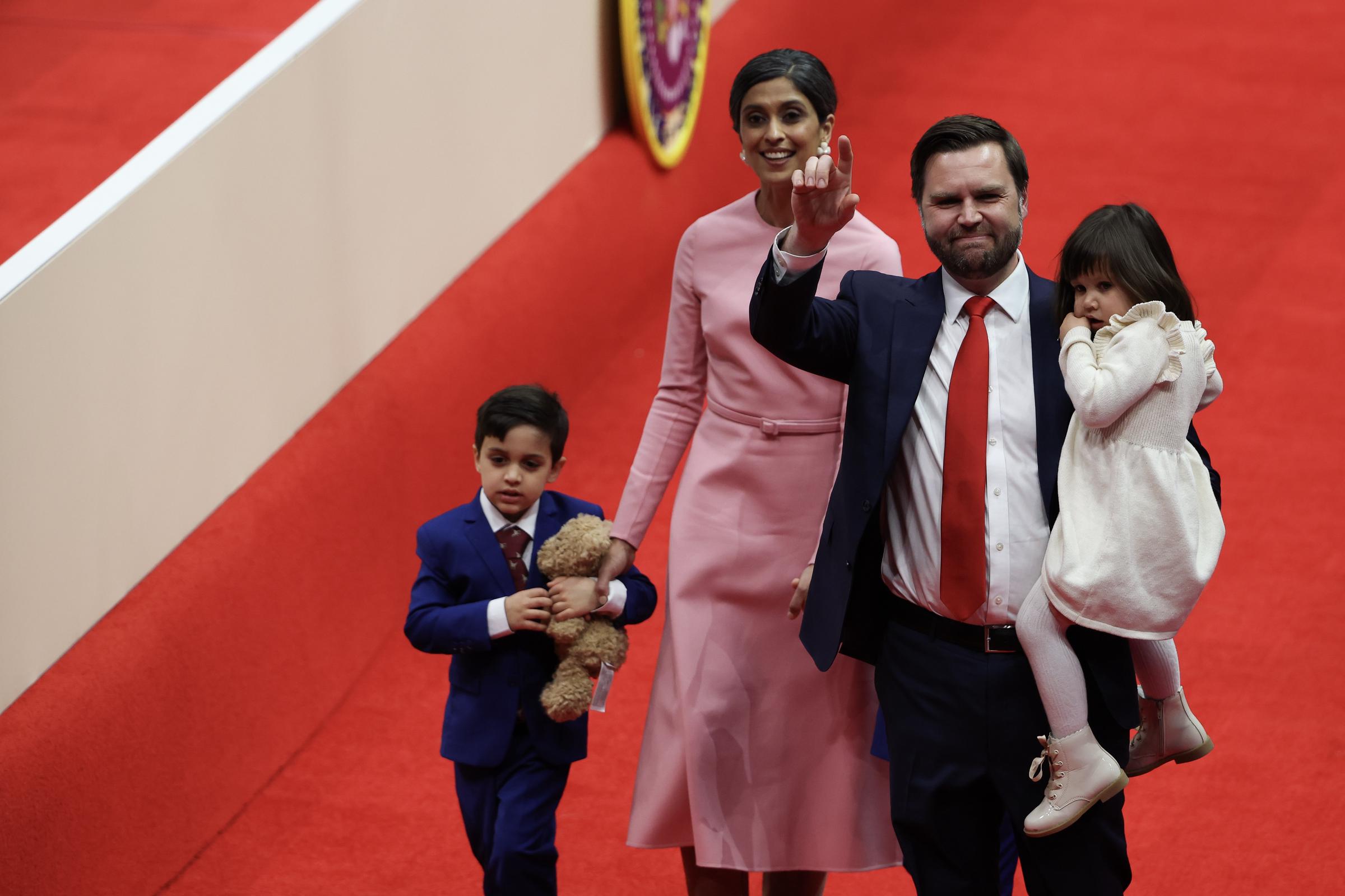 Second lady Usha Vance and U.S. Vice President J.D. with their children arrive during an indoor inauguration parade at the Capital One Arena on January 20, 2025 | Source: Getty Images