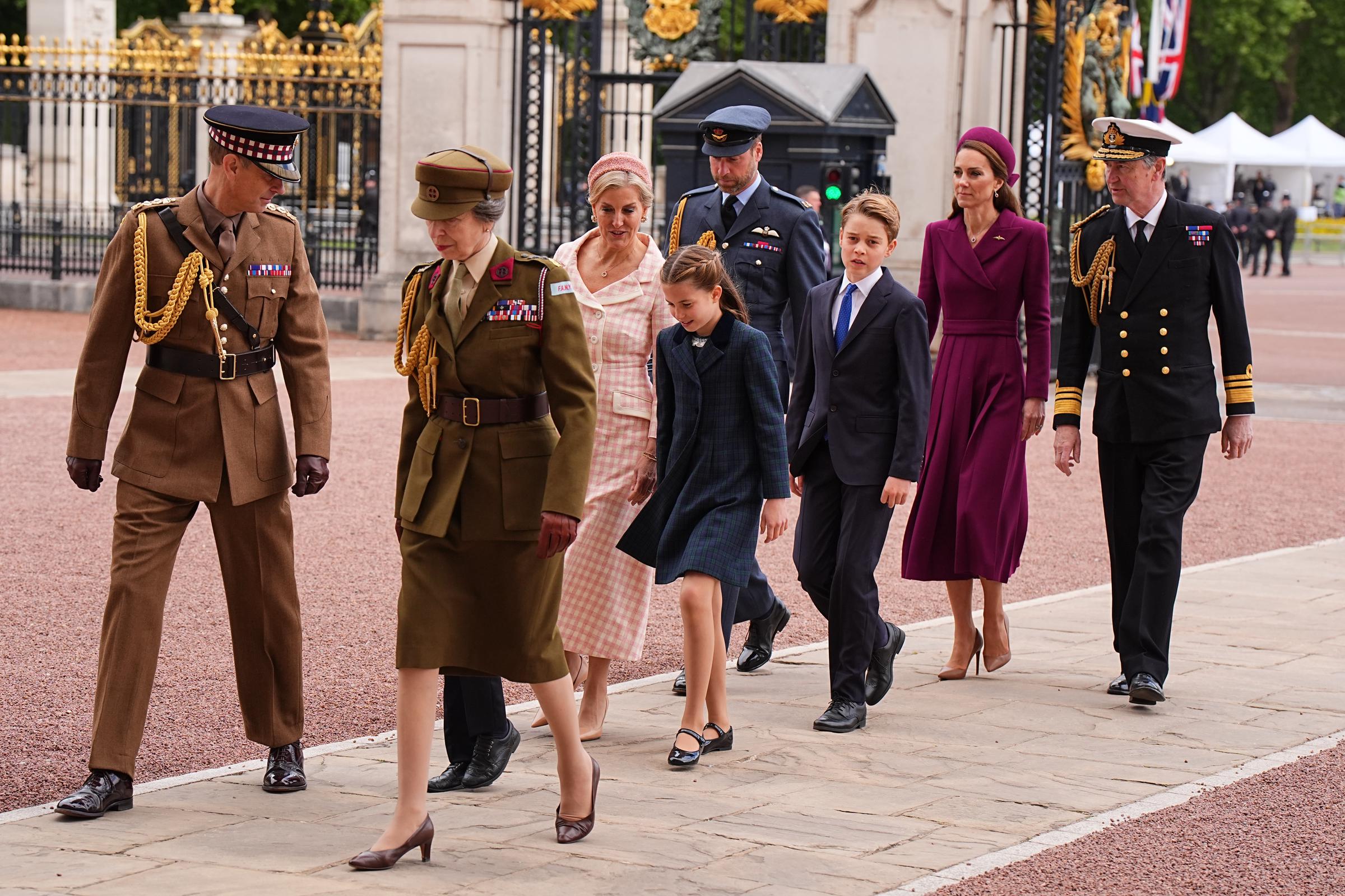 Prince Edward, Duke of Edinburgh, Princess Anne, Princess Royal, Prince Louis, Sophie, Duchess of Edinburgh, Princess Charlotte, Prince George, Prince William, Prince of Wales, Catherine, Princess of Wales, and Vice Admiral Sir Tim Laurence on May 5, 2025, in London, England | Source: Getty Images