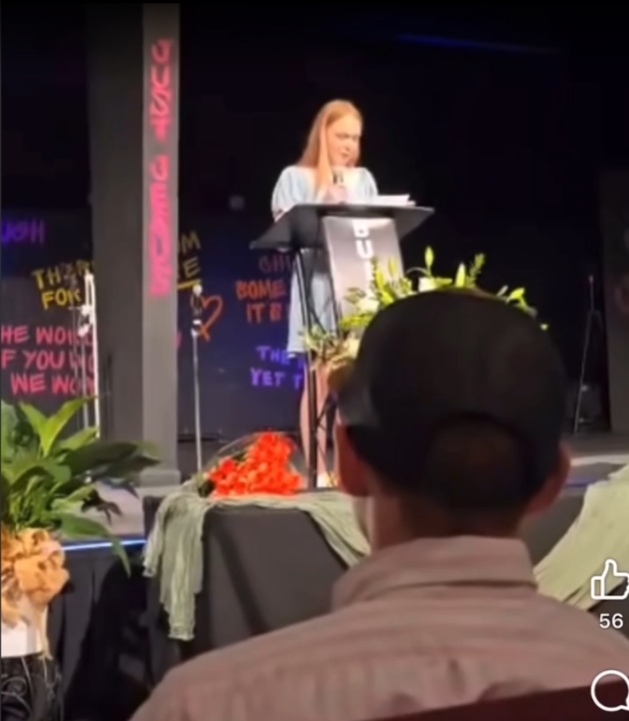 Sarah Patrick speaking during her parents' funeral, from a video posted on July 9, 2025 | Source: Facebook/krysten.buckner