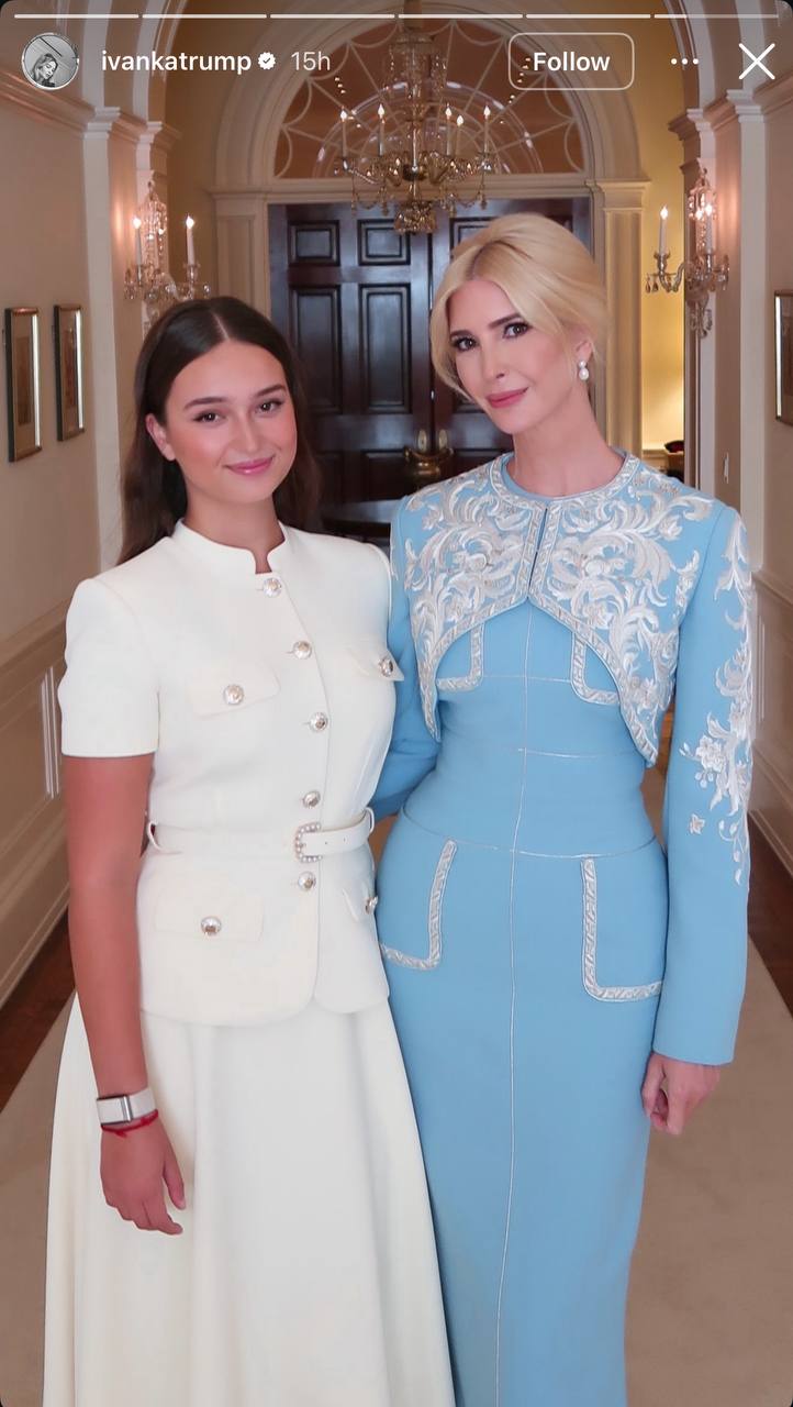 Standing side by side in an arched White House hallway beneath a sparkling crystal chandelier, Arabella Kushner offered a gentle smile next to Ivanka Trump. Arabella’s tailored cream silhouette and softly parted brunette hair captured an effortless, youthful poise ahead of the high-profile diplomatic events surrounding Chinese President Xi Jinping’s state visit. | Source: Instagram/ivankatrump