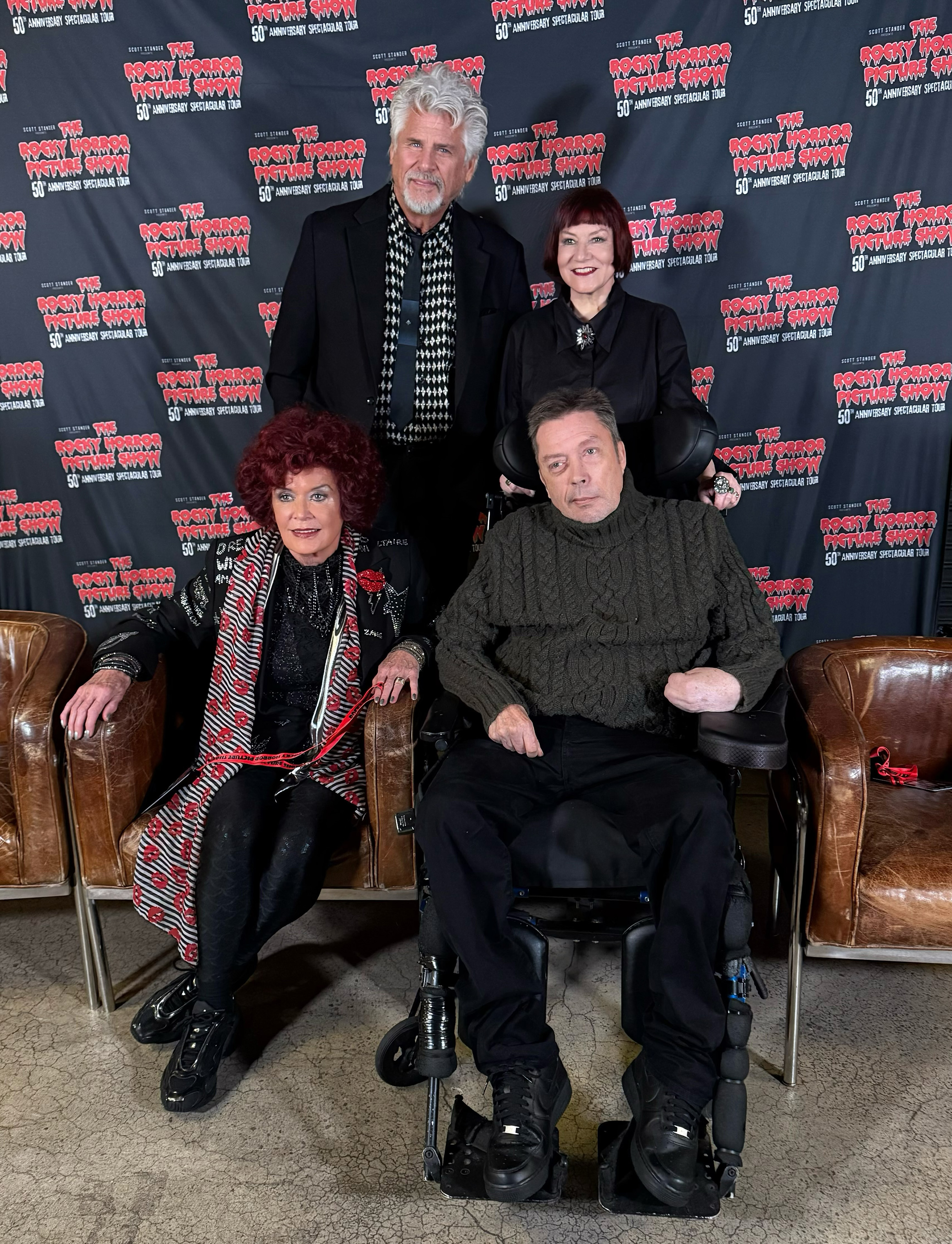 Patricia Quinn, Barry Bostwick, Nell Campbell and Tim Curry pose at "The Rocky Horror Picture Show" 50th Anniversary Spectacular Tour at Town Hall on November 3, 2025 in New York City. | Source: Getty Images