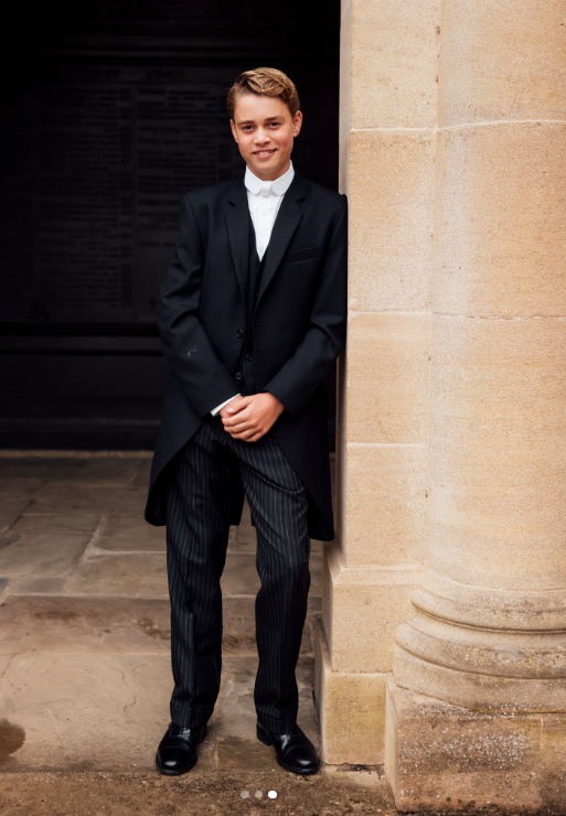 In another full-length portrait, George stood beside a stone column in his new Eton uniform. His increasingly mature appearance became a recurring theme among commenters. | Source: Instagram/princeandprincessofwales