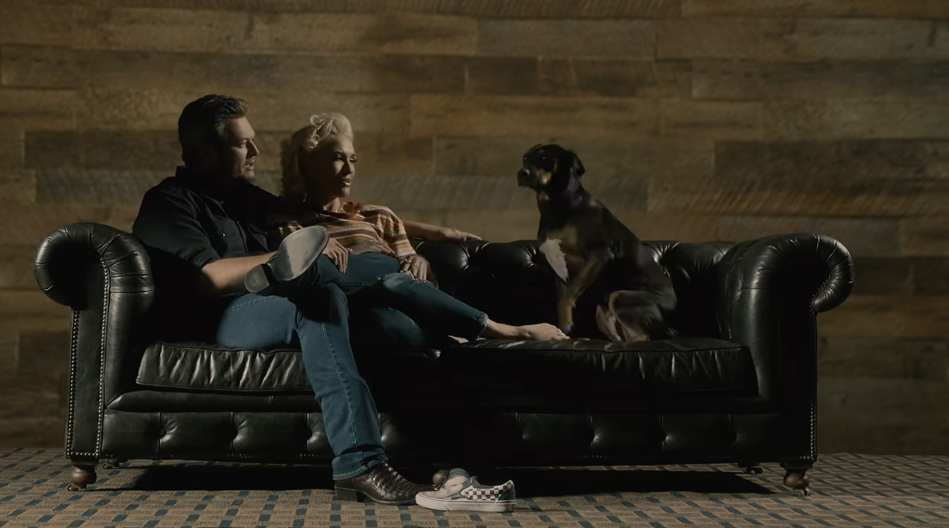 Blake Shelton and Gwen Stefani with their dog, Betty, on their music video "Nobody But You," released on January 21, 2020. Betty passed on September 2026. | Source: YouTube/Blake Shelton