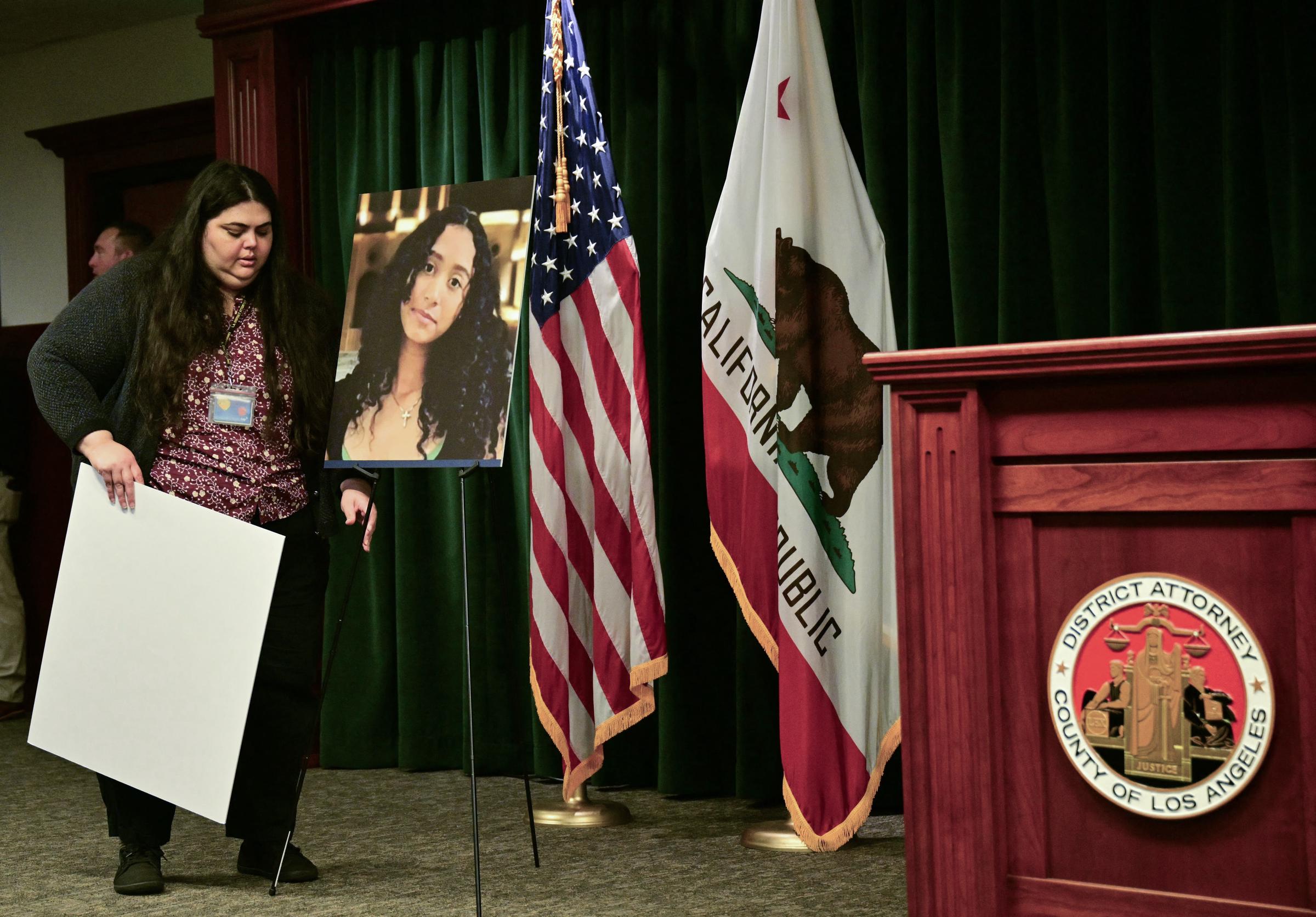 A picture of Celeste Rivas Hernandez is displayed ahead of a press briefing on the case against singer D4vd in Los Angeles on April 20, 2026.  | Source: Getty Images