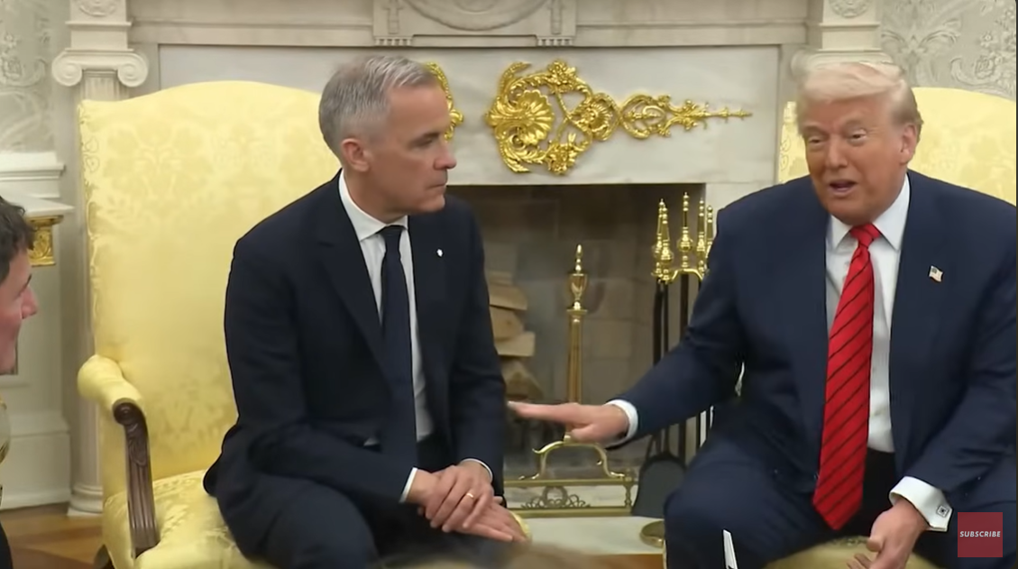 President Donald Trump and Canadian Prime Minister Mark Carney sit side by side during a bilateral meeting in the Oval Office at the White House, on May 7, 2025 | Source: YouTube/nypost