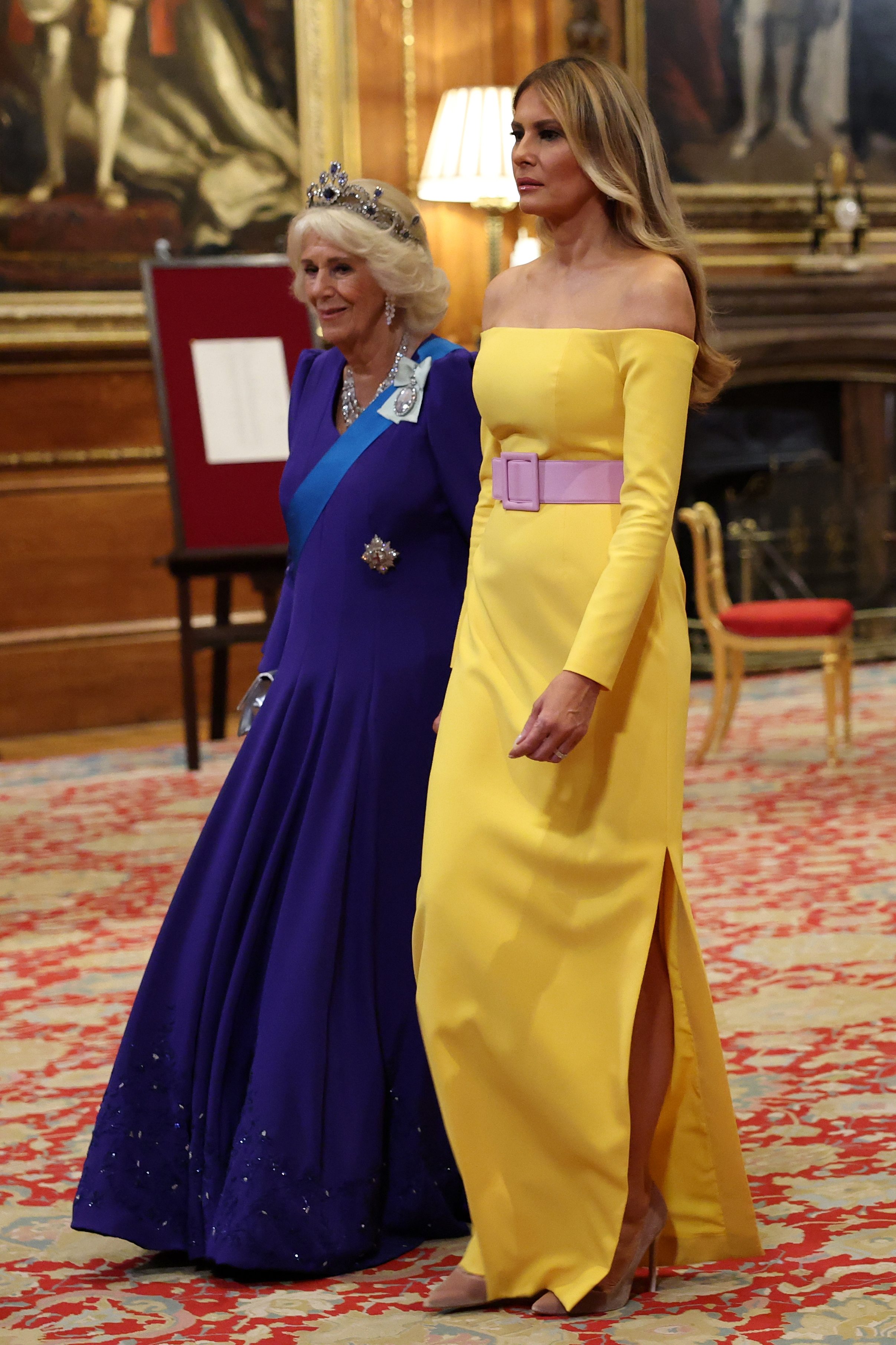 Queen Camilla and First Lady Melania at the State Banquet on September 17, 2025, in Windsor, England. | Source: Getty Images