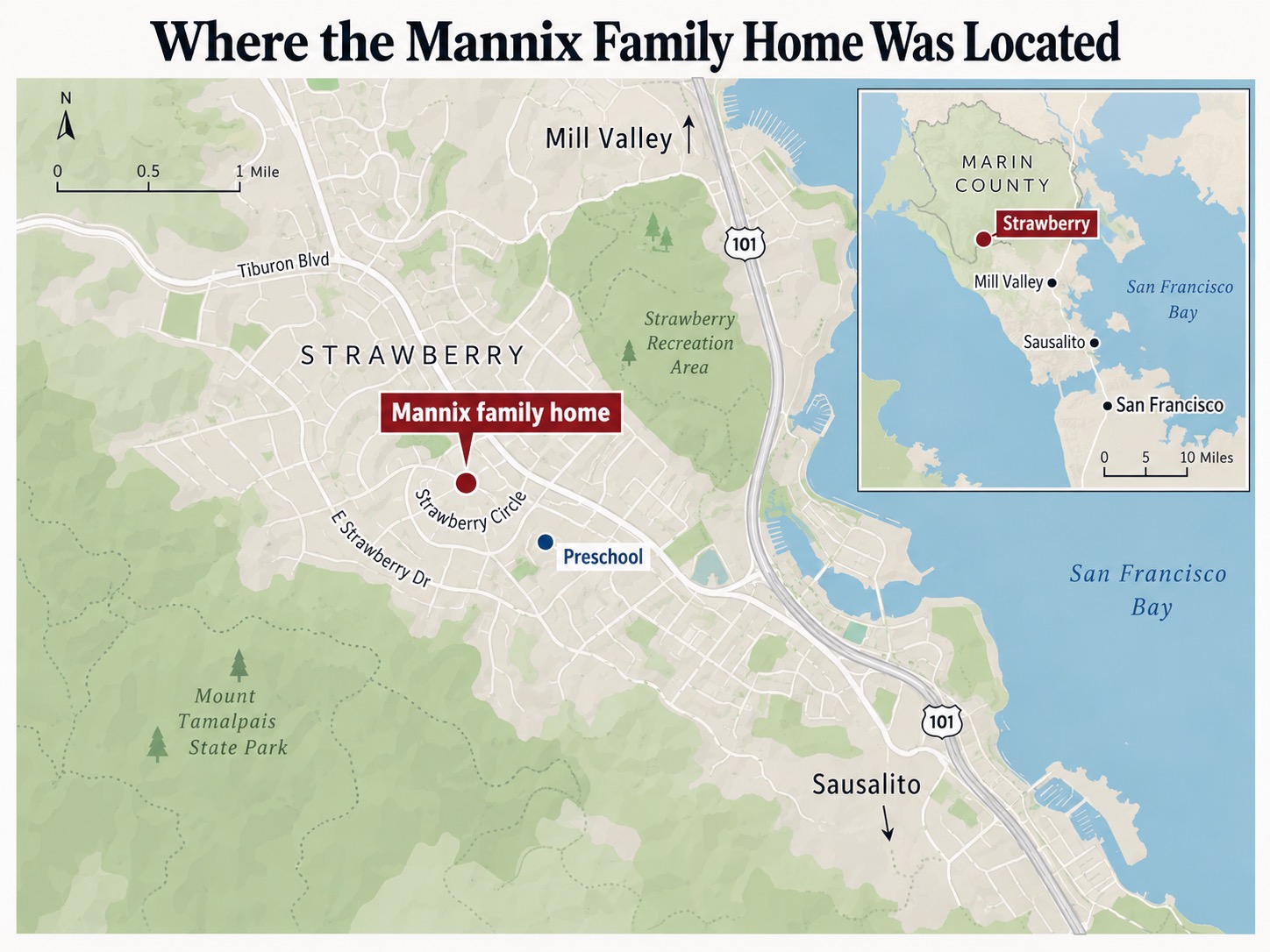 The Mannix family lived in Strawberry, a residential community near Tiburon Boulevard and Highway 101, just north of San Francisco. The map shows an illustrative view of the area, with approximate location markers. | Source: San Francisco Chronicle