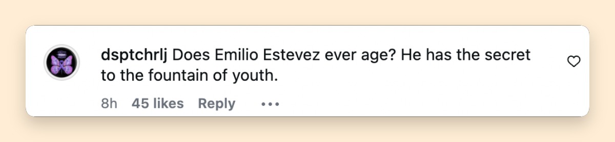 A fan jokes about Emilio Estevez’s youthful appearance after seeing the Young Guns cast reunion. | Source: Instagram/dermotmulroney