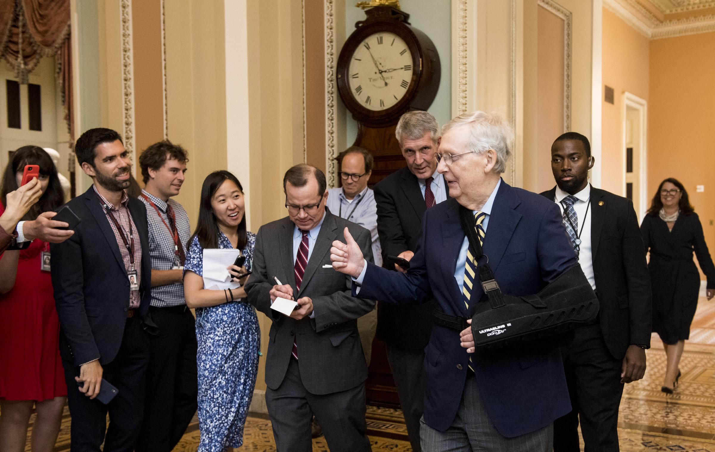 McConnell returned to the Senate wearing a sling after undergoing surgery to repair a fractured shoulder caused by a fall at his Kentucky home. The injury marked one of several health setbacks that would later draw renewed public attention. | Source: Getty Images
